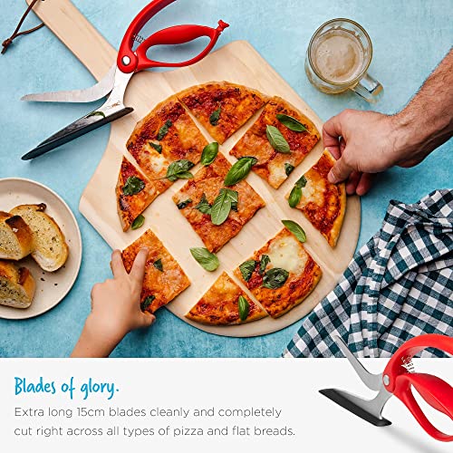 Scizza 2-In-1 Easy Ergonomic Pizza Scissors with Stainless Steel Pizza Cutter Blades & Non-Stick Slice Server - Red