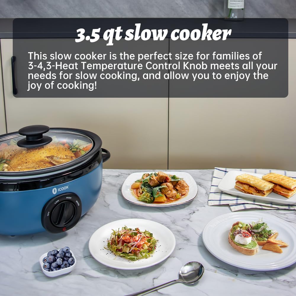 ICOOK USC-35-OP001BL 3.5 Quart Slow Cooker,Aluminium Sear/Sauté Stew Pot Stovetop safe,Dishwasher Safe,Glass Lid,Adjustable Temp,Food Warmer,Blue - Culinary Roots