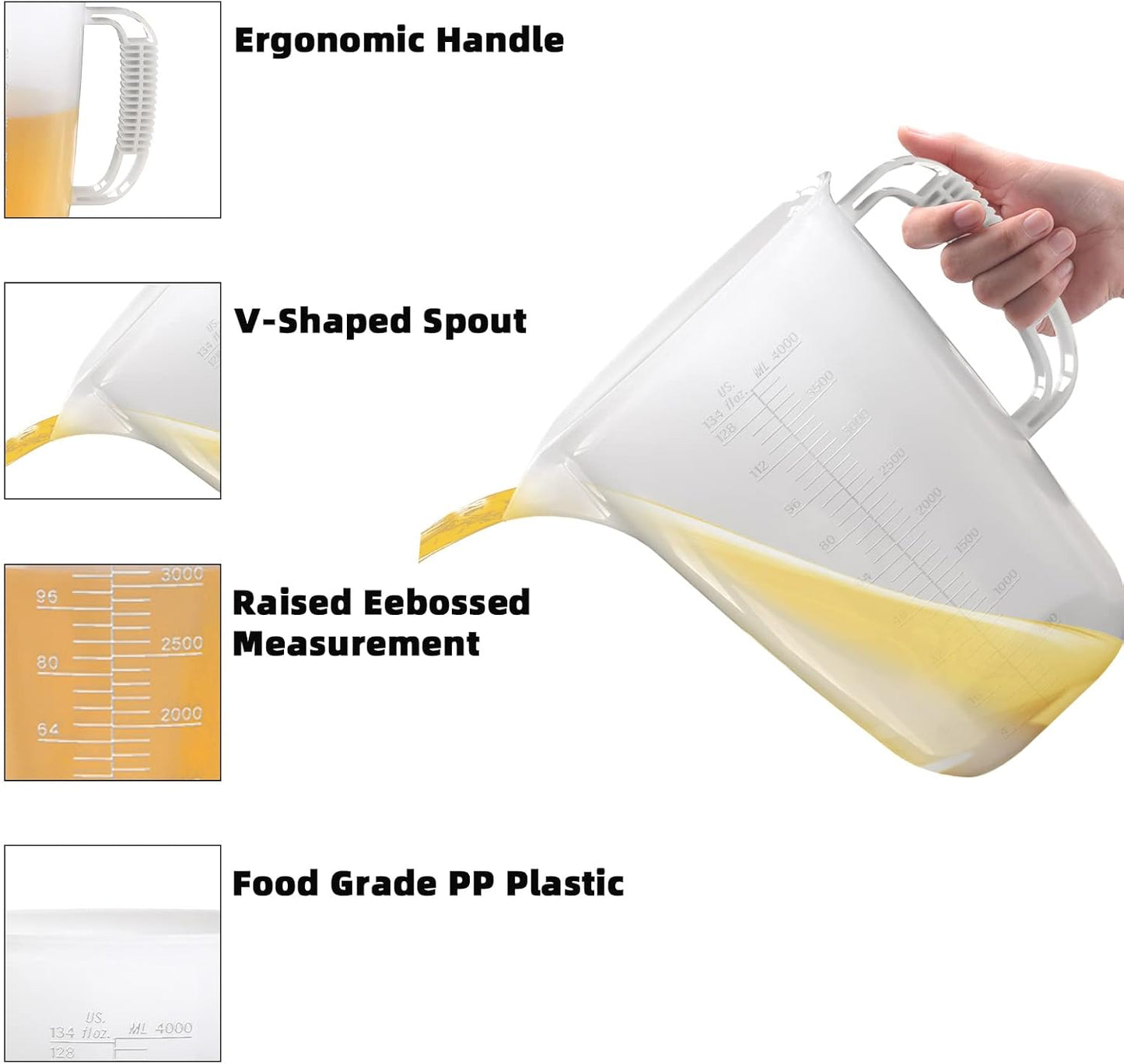 1 Gallon Measuring Pitcher, 134oz Extra Large Measure Pitcher-Convenient Conversion Chart-Strong Handle, Heat Resistant Plastic 1 Gallon Measuring Container for Pool Chemicals,Motor Oil, Lawn and Cook