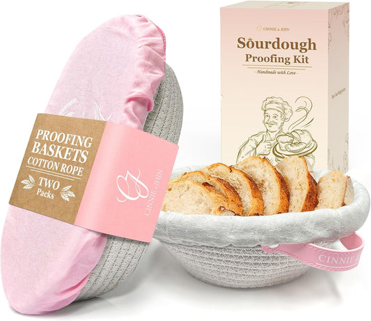 Bread Proofing Basket, 2 Set, Oval & Round Baskets with Cloth Liners & Pink Covers - Artisan Sourdough Baking Supplies, Decorative Baking Tools for Kitchen & Gift for Baker