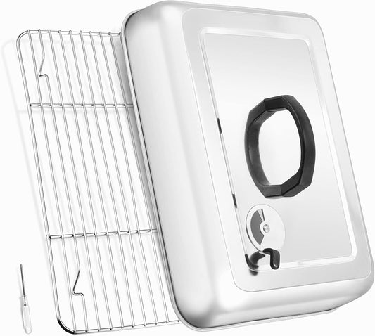 Leonyo 13" Rectangular Basting Cover with 11"x 9" Cooling Rack, Cheese Melting Dome & Wire Rack for Baking, Griddle Accessories with Steam Dome Lids for Oven, BBQ Flat Top Grill Cooking
