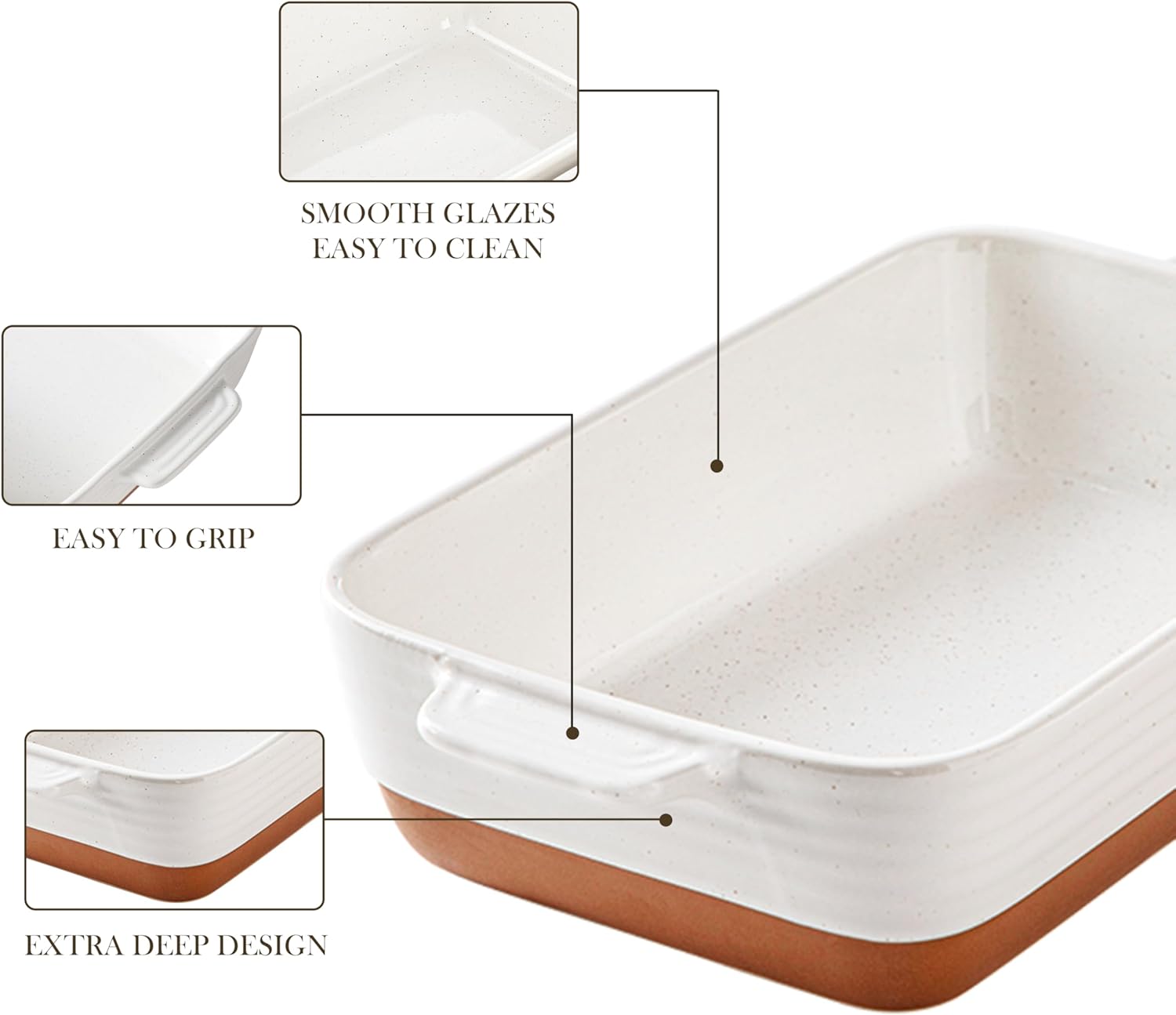 MALACASA Baking Dish 4.8 Qt Ceramic Casserole & Lasagna Pan, 9x13 Inch Deep Rectangular Oven Safe Dish with Handles for Baking, Roasting, Serving (Khaki & White) - Series Tara - Culinary Roots