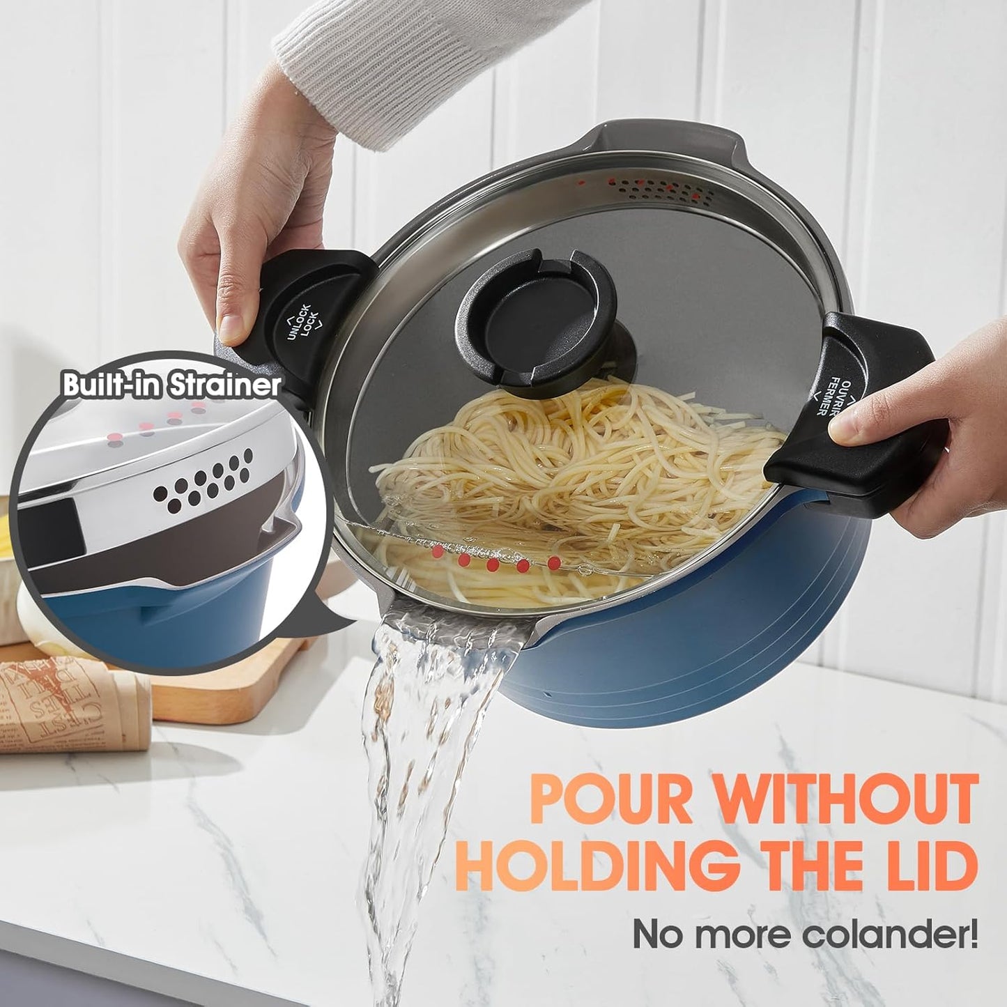 ACTIV CUISINE 5qt Pasta Pot with Strainer Lid, Cast Aluminum Stockpot Multipot, Nonstick Ceramic Coating make Cleanup easy with Tempered Glass Lid, Dishwasher Safe, Induction, Blue - Culinary Roots