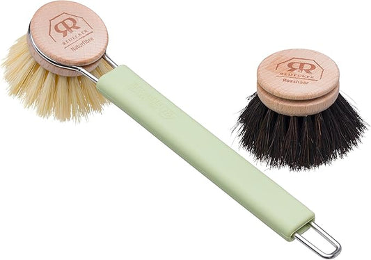 Redecker Silicone Dish Brush Bundle, Includes Interchangeable Natural Horsehair and Tampico Fiber Brush Heads, Sustainable Silicone and Stainless Steel Handle with Hanging Loop, Reed