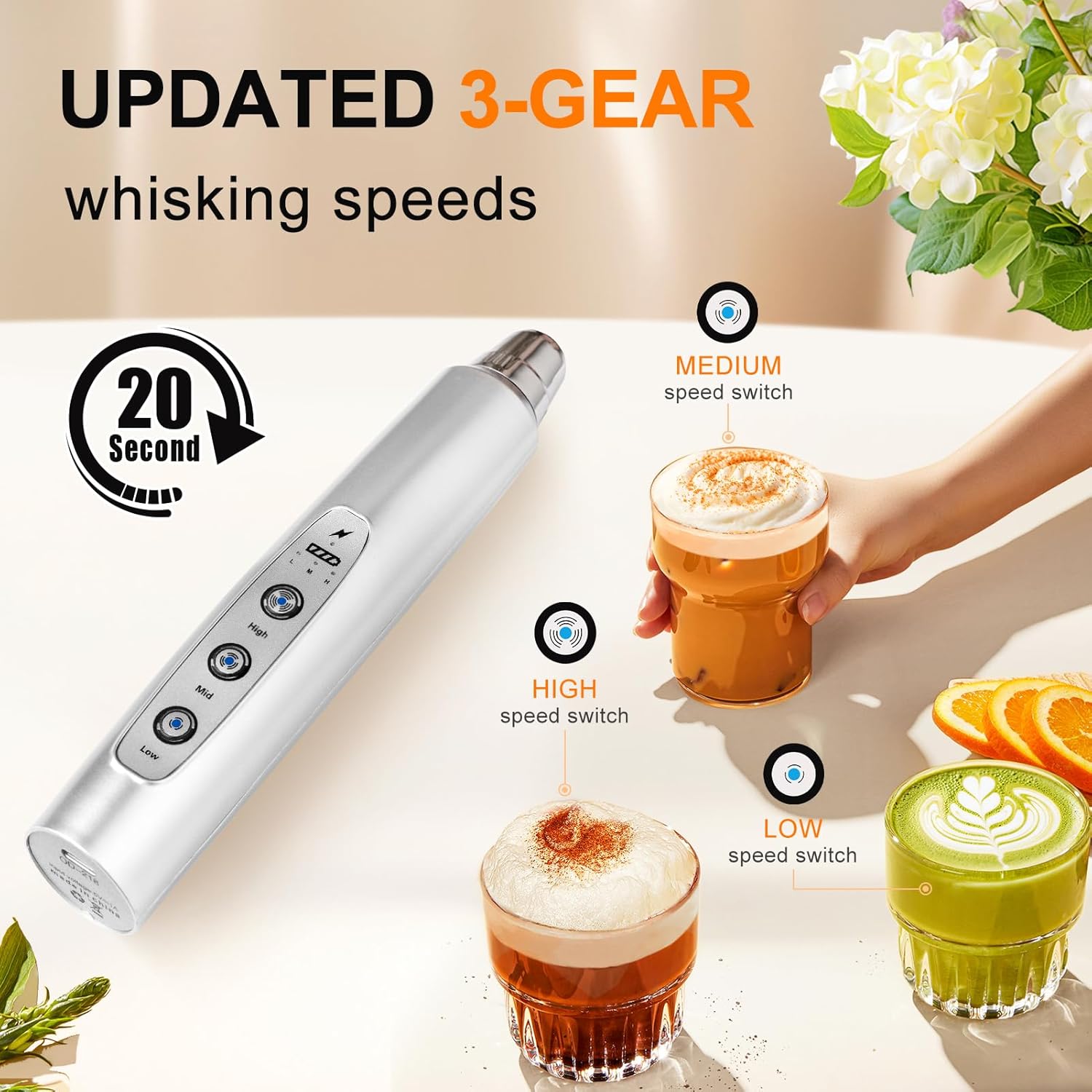 YUSWKO Rechargeable Milk Frother Handheld with 3 Heads, Silver Coffee Electric Whisk Drink Foam Mixer, Mini Hand Stirrer with 3 Speeds Adjustable for Latte, Cappuccino, Hot Chocolate, Egg - Culinary Roots
