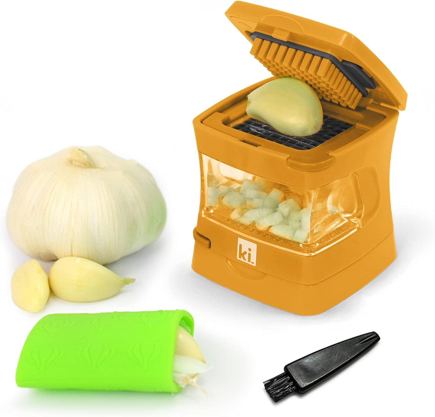 Garlic-A-Peel Garlic Press, Crusher, Cutter, Mincer, and Storage Container - Includes Silicone Garlic Peeler - Easy to Clean - Stainless Steel Blades – (Honey), standard - Culinary Roots