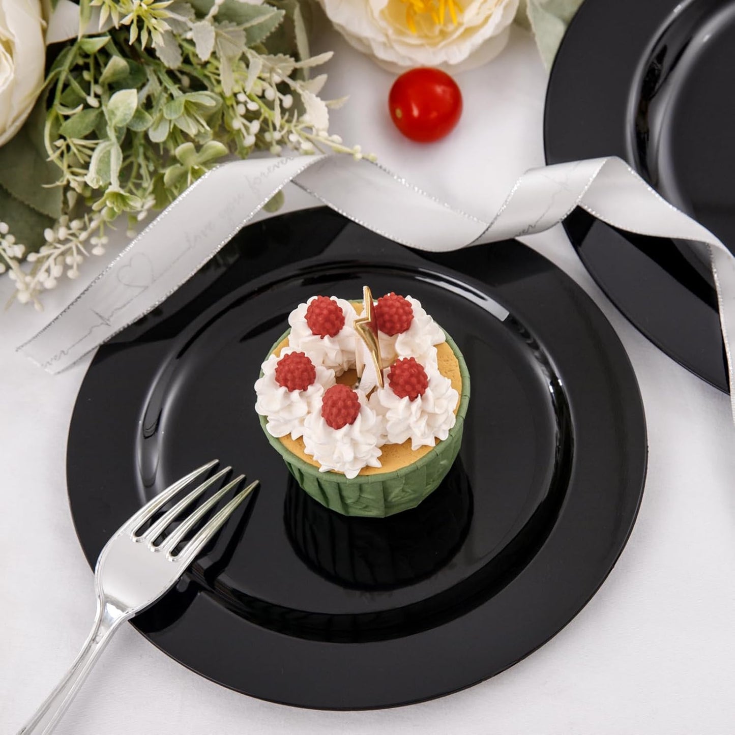 FLOWERCAT 60PCS Black Plastic Plates - Heavy Duty Black Disposable Plates for 30 guests Halloween Party/Wedding/New Year - Include 30PCS 10.25inch Dinner Plates and 30PCS 7.5inch Dessert Plates - Culinary Roots