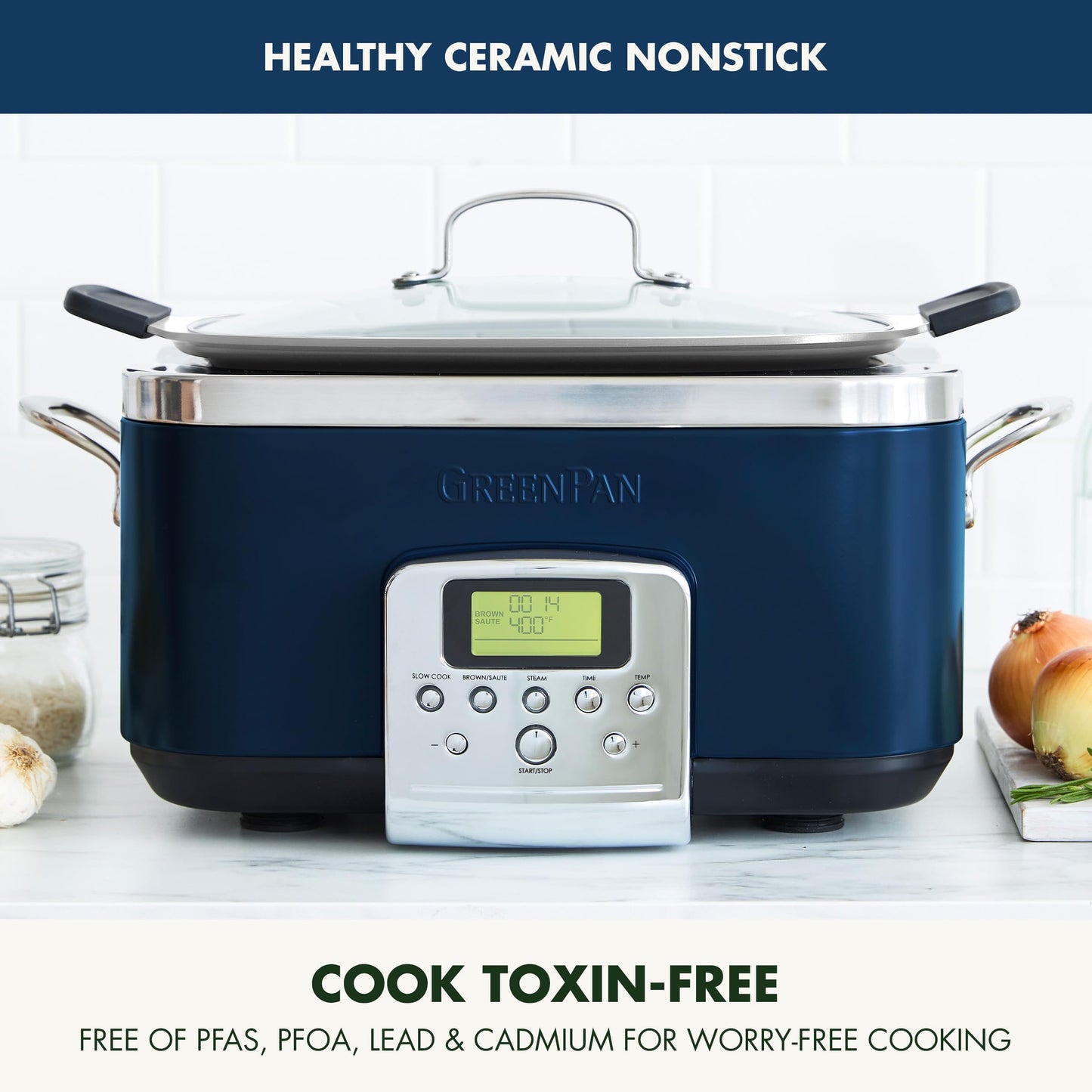 Elite 8-in-1 Programmable 6QT Electric Slow Cooker,Dishwasher Safe Lid & Removable Crock, PFAS-Free Healthy Ceramic Nonstick Multi-Cooker,Sear, Sauté,Brown,Steam Basket,Roast, Oxford Blue