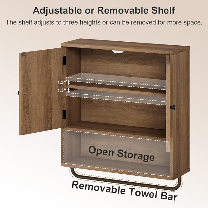 RUSTOWN Rattan Bathroom Wall Cabinet, Boho Medicine Cabinet with 2 Arched Doors, Farmhouse Over The Toilet Storage Cabinets with Adjustable Shelves & Towel Bar, 3-Tier Wall Mounted Cabinets