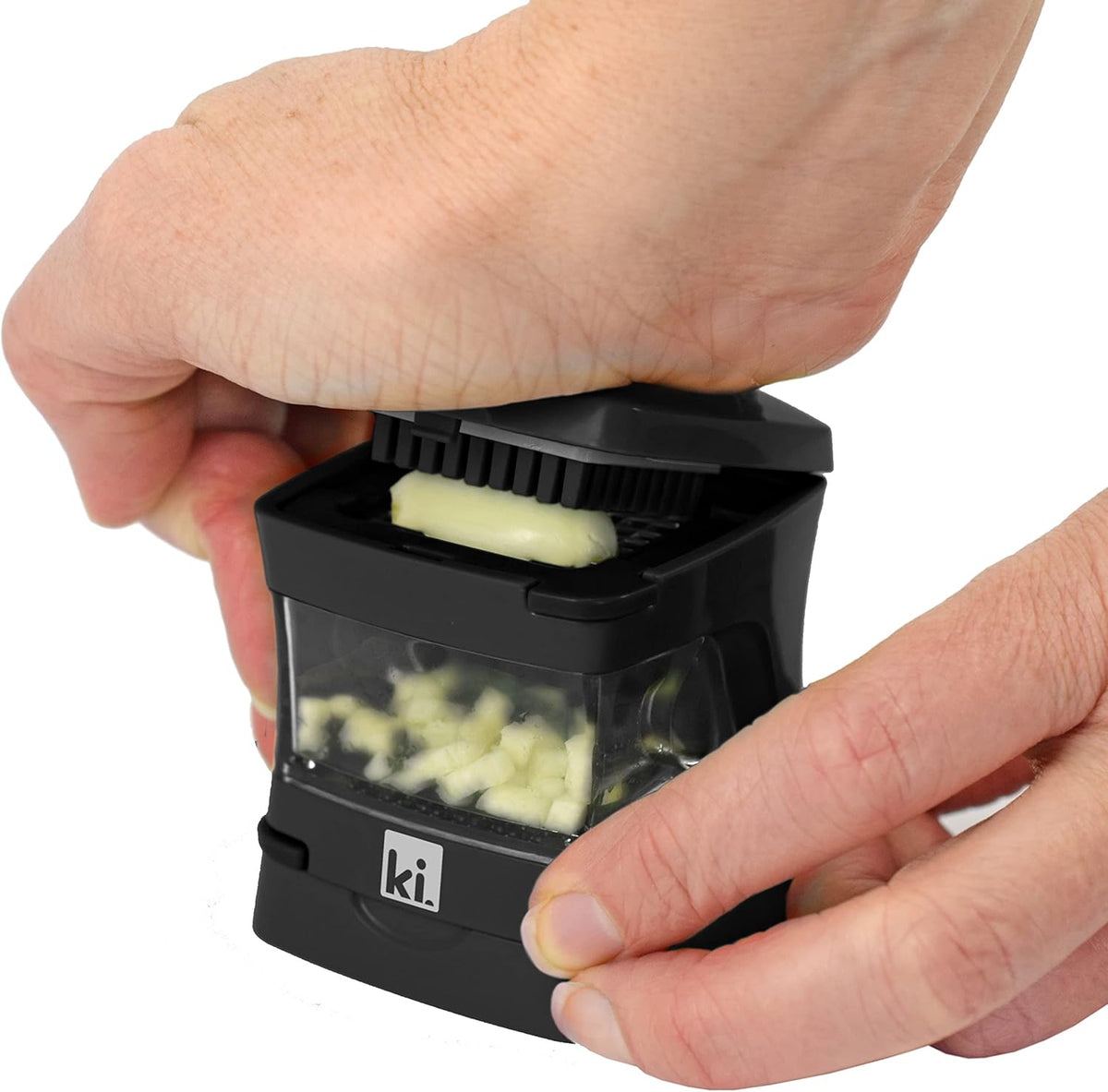 Garlic-A-Peel Garlic Press, Crusher, Cutter, Mincer, and Storage Container - Includes Silicone Garlic Peeler - Easy to Clean - Stainless Steel Blades – (Black), standard - Culinary Roots