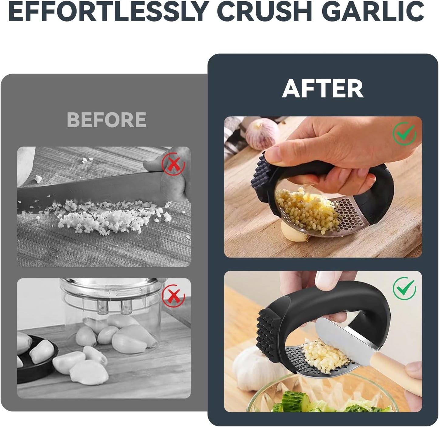 2 Pack Garlic Press Rocker Set – Innovative Stainless Steel Garlic Mincer & Crusher with 2 Peelers, 2 Scrapers, and 2 Brushes for Effortless Garlic Prep | Complete Garlic Tool Kit (BLACK) - Culinary Roots