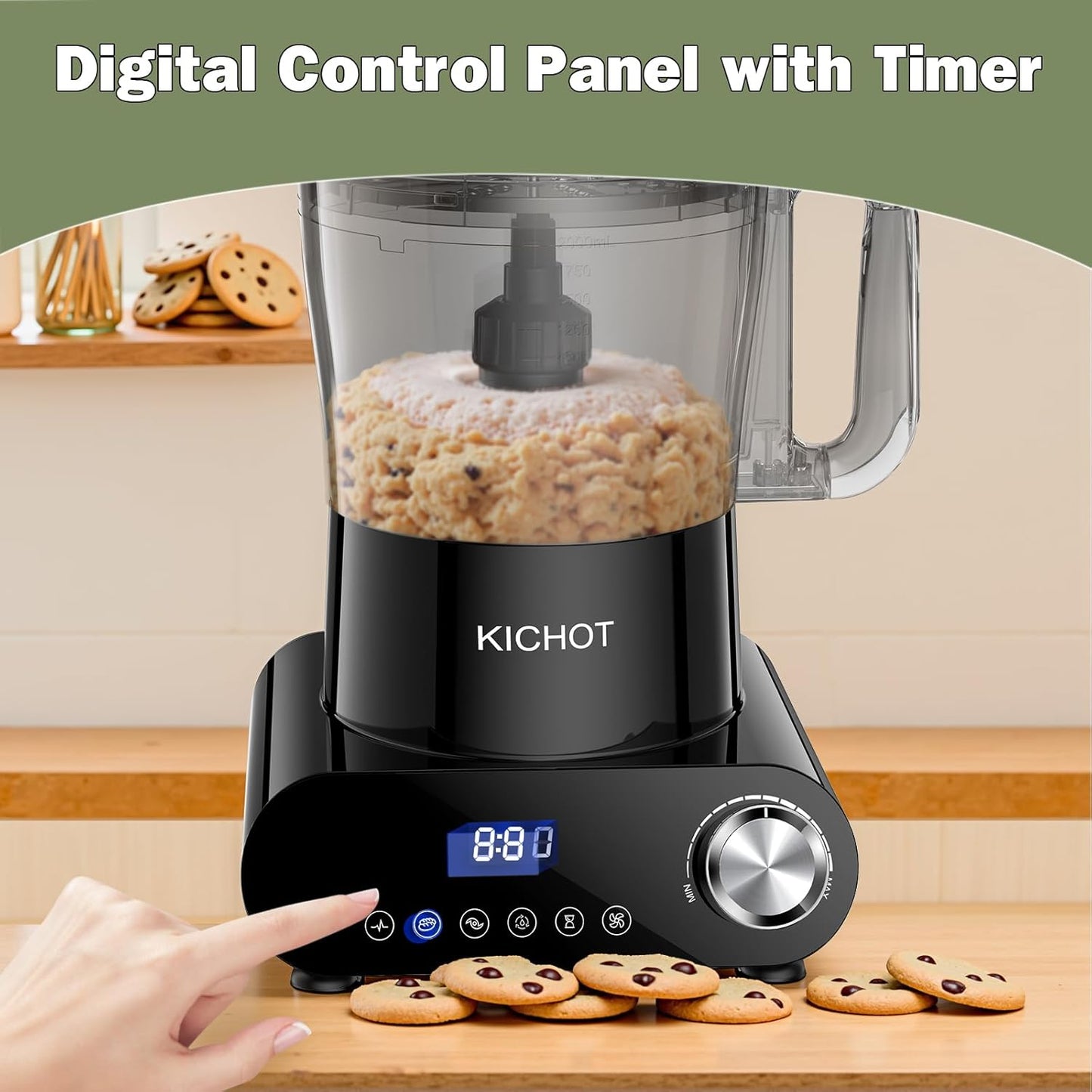 12 Cup Food Processor & Vegetable Chopper,French-Fry-Cutter, Stepless Speed,Digital Timer,Large Feed Chute,Ice Creshing,Chopping, Shredding, Slicing and Doughing,600W for Home Use,Black