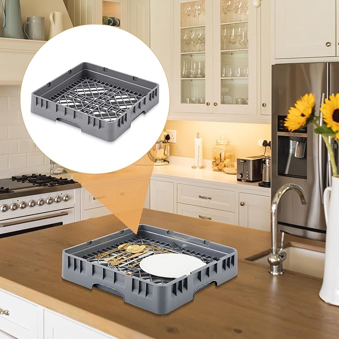 1 Pack Commercial Dishwasher Tray Rack Polypropylene Full Size Flatware Rack for Bowls Plates Knives Forks Cups (Basic,Gray)
