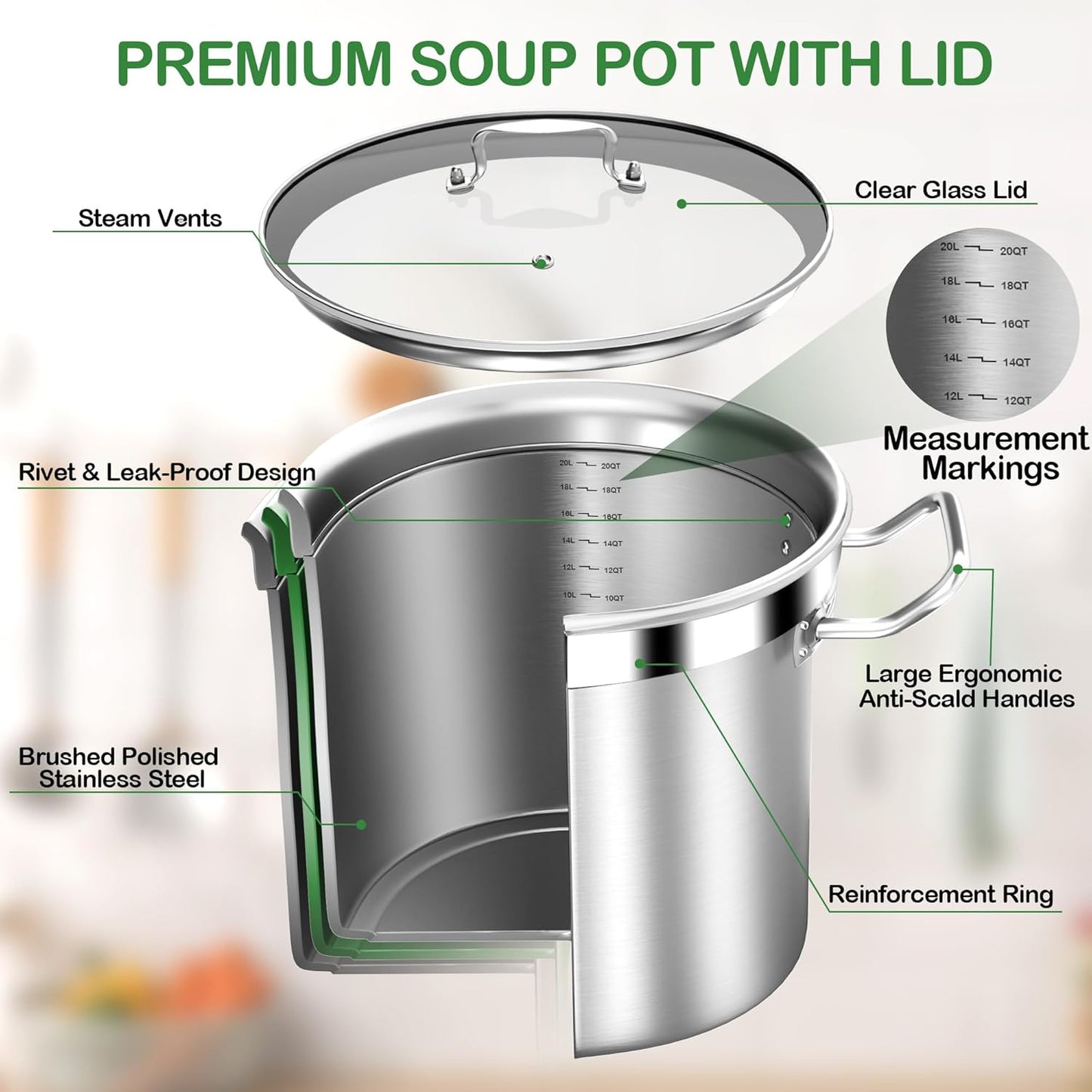 Stainless Steel 20 Quart Stockpot with Tempered Glass Lid, 3-Ply Base, 8.8 lbs, Polished Finish, Suitable for Stovetop and Oven - Culinary Roots