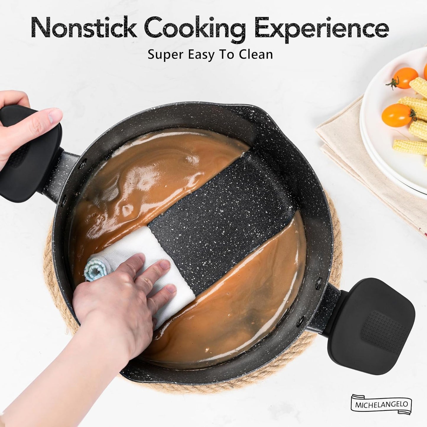 MICHELANGELO Pasta Pot with Strainer Lid, 6 Quart Cooking Pot with Twist and Lock Handles, Soup Pot with Nonstick Granite Coating, Spaghetti Pot Induction Compatible, Black - Culinary Roots