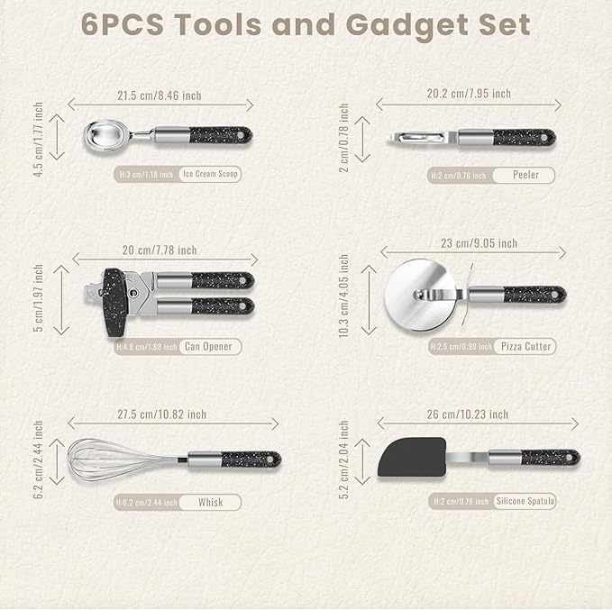 6 Pcs Elegant Black Kitchen Tools & Gadgets Set with White Speckles- Kitchen Gadget Set Includes Can Opener, Spatula and Peeler - Stainless Steel Cooking Accessories, Ideal for Gifting