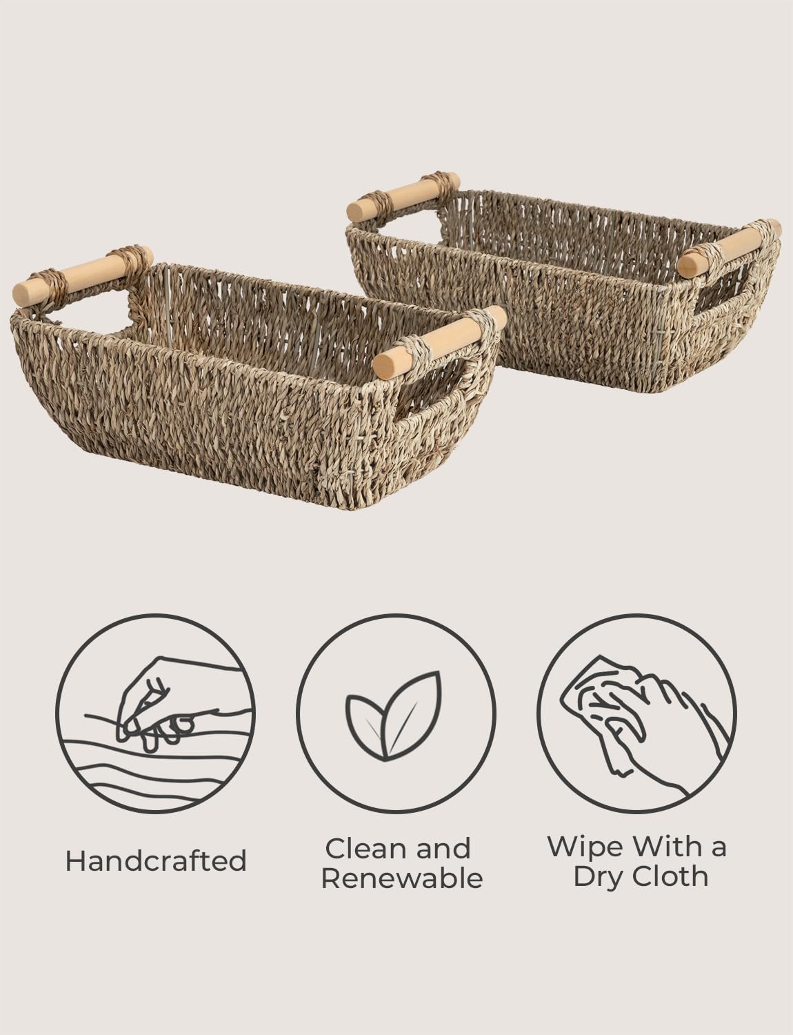 StorageWorks Small Baskets for Bathroom, Seagrass Woven Basket with Wooden Handles for Gifts, 2-Pack