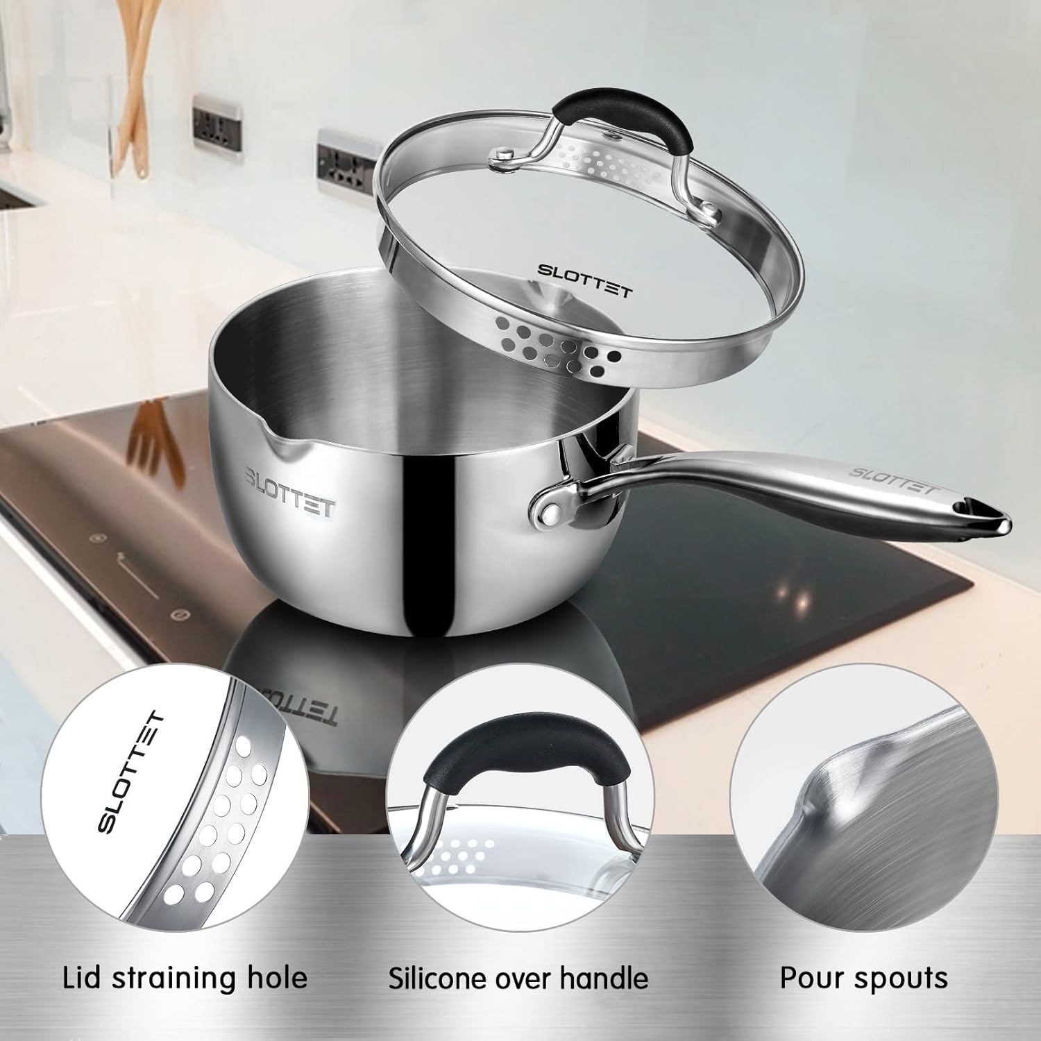 Tri-Ply Whole-Clad Stainless Steel Saucepan with Steamer,2.5 Qt Small Multipurpose Pot with Pour Spout,Strainer Glass Lid, 2 Quart Sauce Pan for Cooking with Stay-cool Handle. - Culinary Roots
