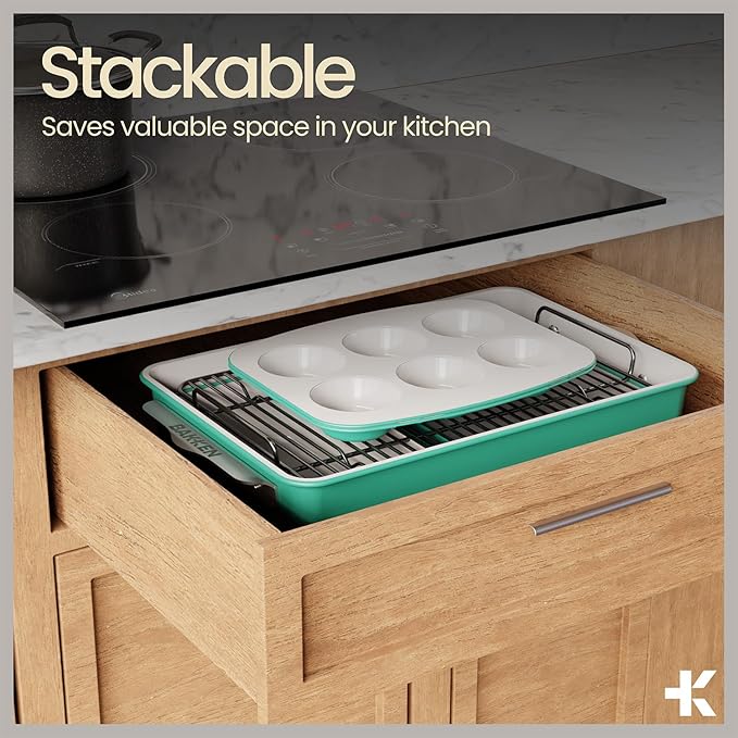 Bakken 8-Piece Stackable Bakeware Set – Ceramic Non-Stick, Oven-Safe Baking Sheets & Pans, PTFE/PFOA/PFOS-Free, Ergonomic Handles, Includes Cooling Rack – Healthy, Non-Toxic Baking Essentials