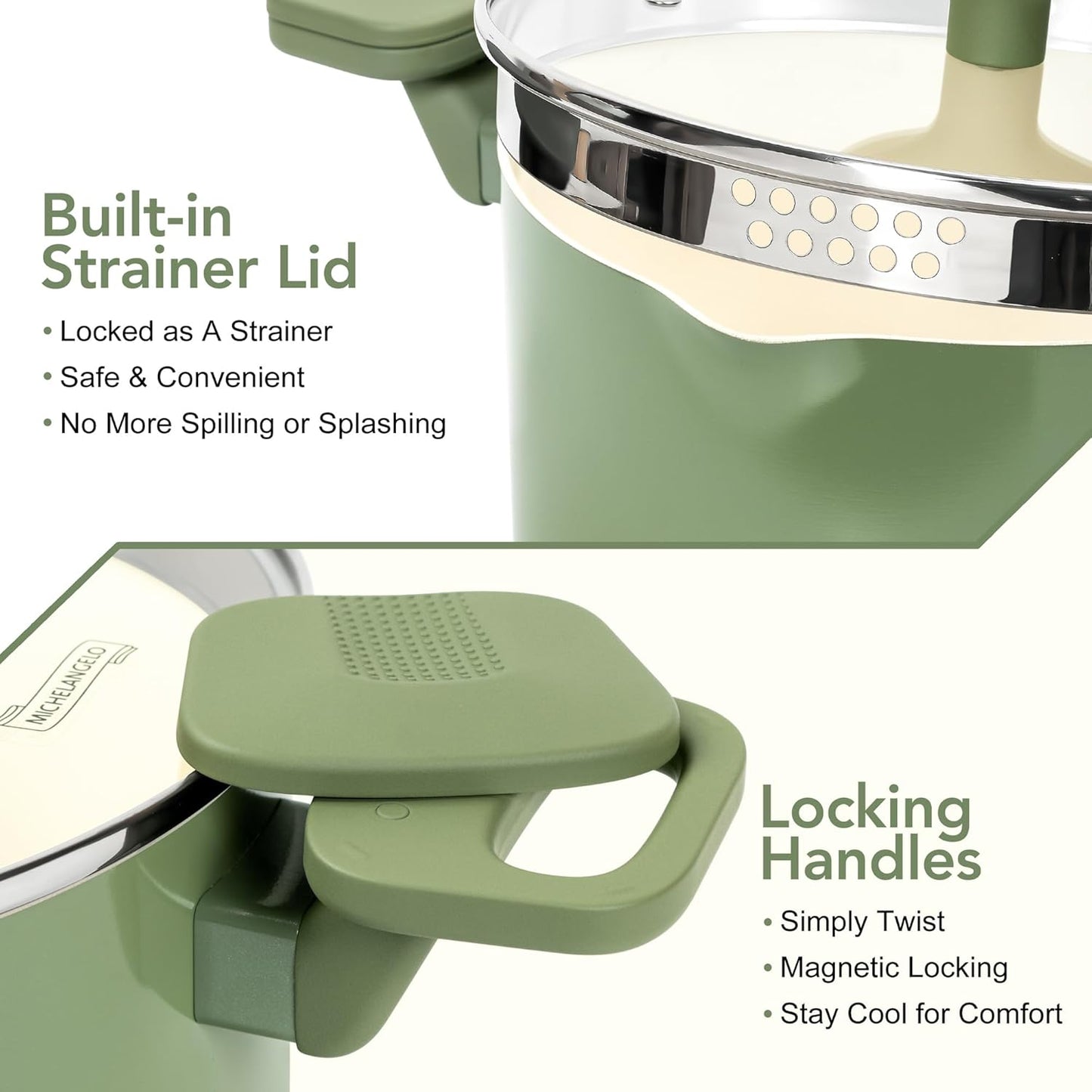 MICHELANGELO Pasta Pot with Strainer Lid - 6 Quart Cooking Pot with Lid, Non Stick Spaghetti Pot Ceramic Coated with Twist and Lock Handles for Easy Draining, Induction Compatible, Roden Green - Culinary Roots