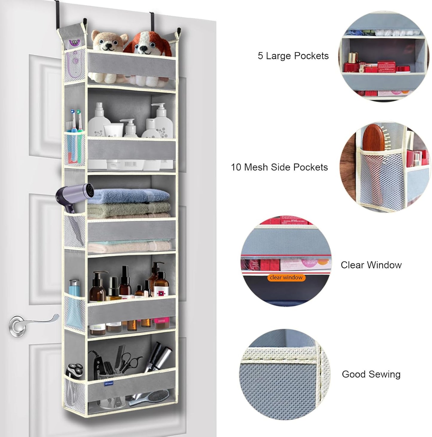 2 Pack Over The Door Hanging Organizer 5-Shelves and 10 Side Pockets, Over The Door Storage for Bathroom and Bedroom, Back of Door Organizers for Baby Products and Kid's Toys(13"x5"x44" Grey)