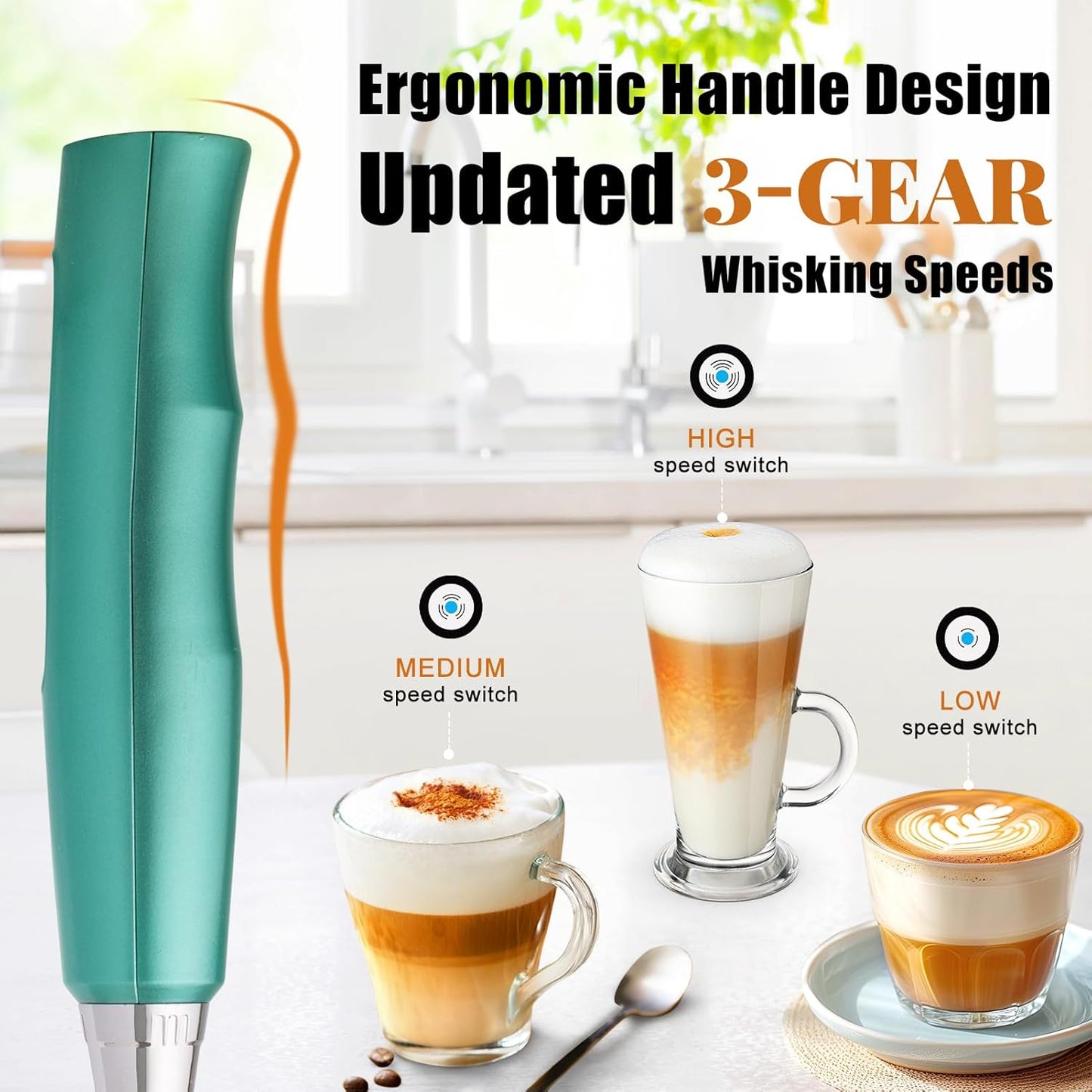 Nahida Green Milk Frother Wand for Coffee, Frother Handheld Rechargeable Electric Whisk with 3 Heads 3 Speeds Drink Mixer Coffee Frother Foam Maker For Latte, Cappuccino, Hot Chocolate, Egg - Culinary Roots