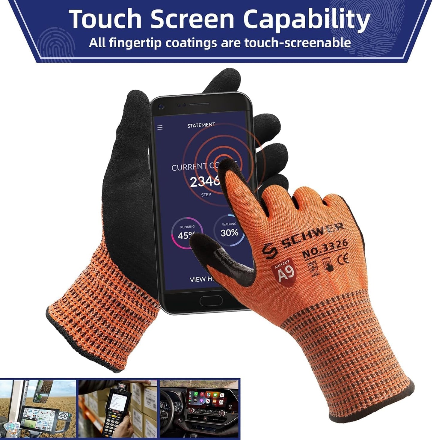 Schwer ProGuard Highest Level Cut Resistant Work Gloves PR3326 for Extreme Protection，ANSI A9 Cut Gloves with Reinforced Thumb, Non Slip, Breathable, Durable, Touch-screen, Non PFAS, Orange 1 Pair（L）