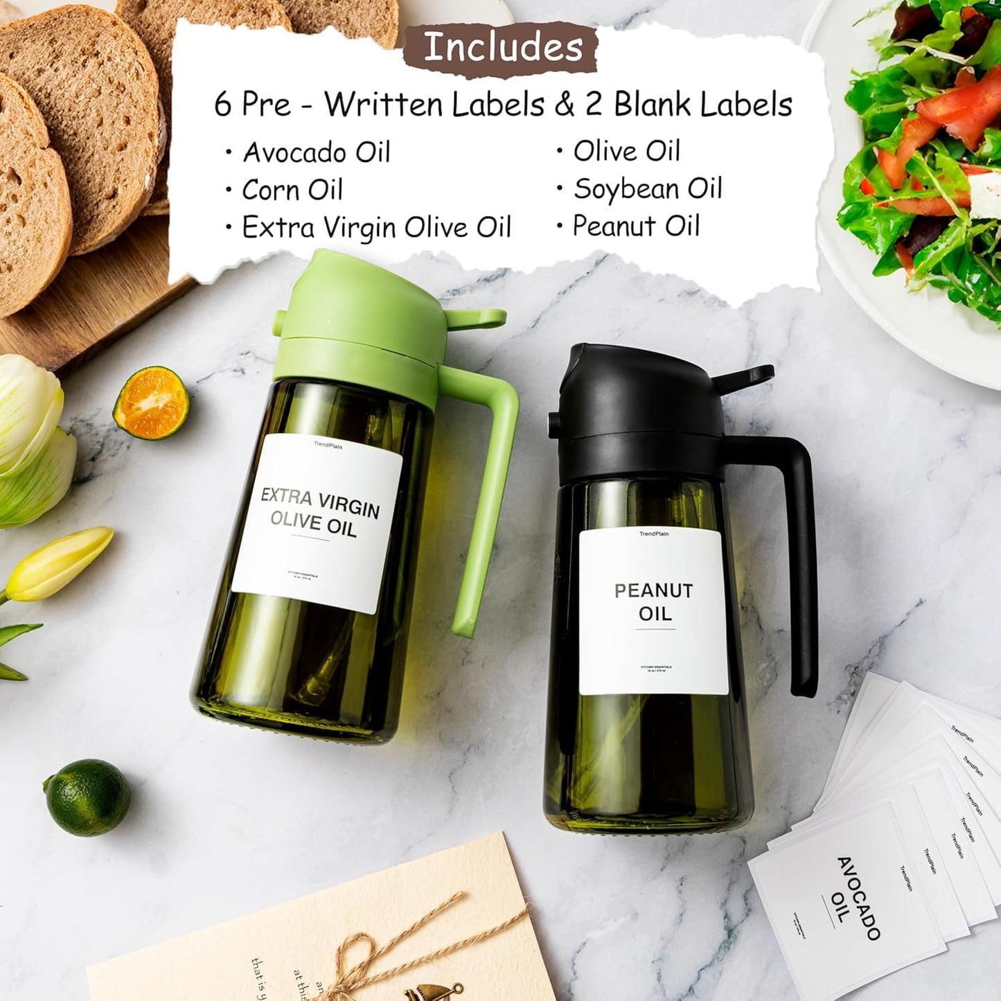 TrendPlain - Original 16oz/470ml Olive Oil Dispenser Bottle for Kitchen Gadgets and Air Fryer Accessories - Olive Oil Sprayer for Cooking w/Stickers - White