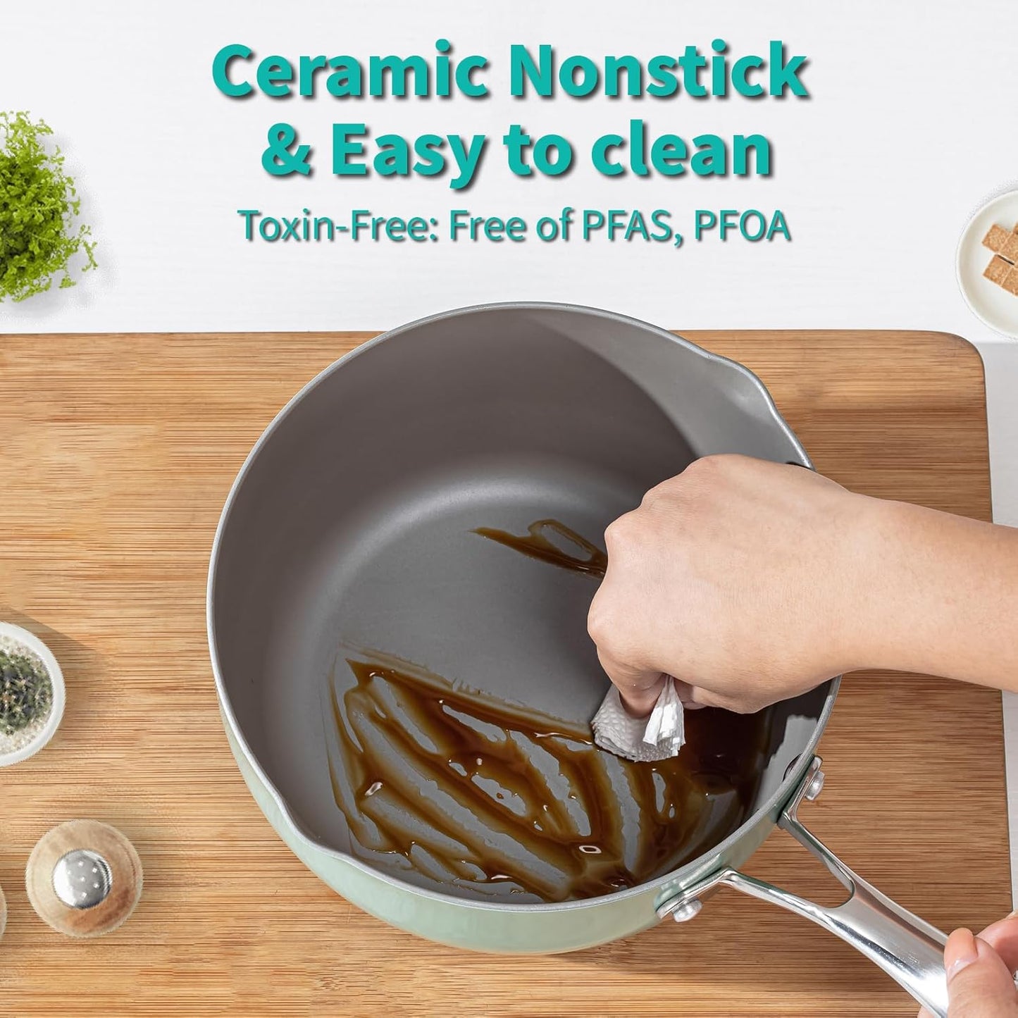 Ceramic Nonstick Tri-Ply Stainless Steel Sauce Pan with Steamer,2.5 Quart Small Multipurpose Pot with Pour Spout,Strainer Glass Lid, 2qt Saucepan for Cooking with Stay-cool Handle,Green - Culinary Roots