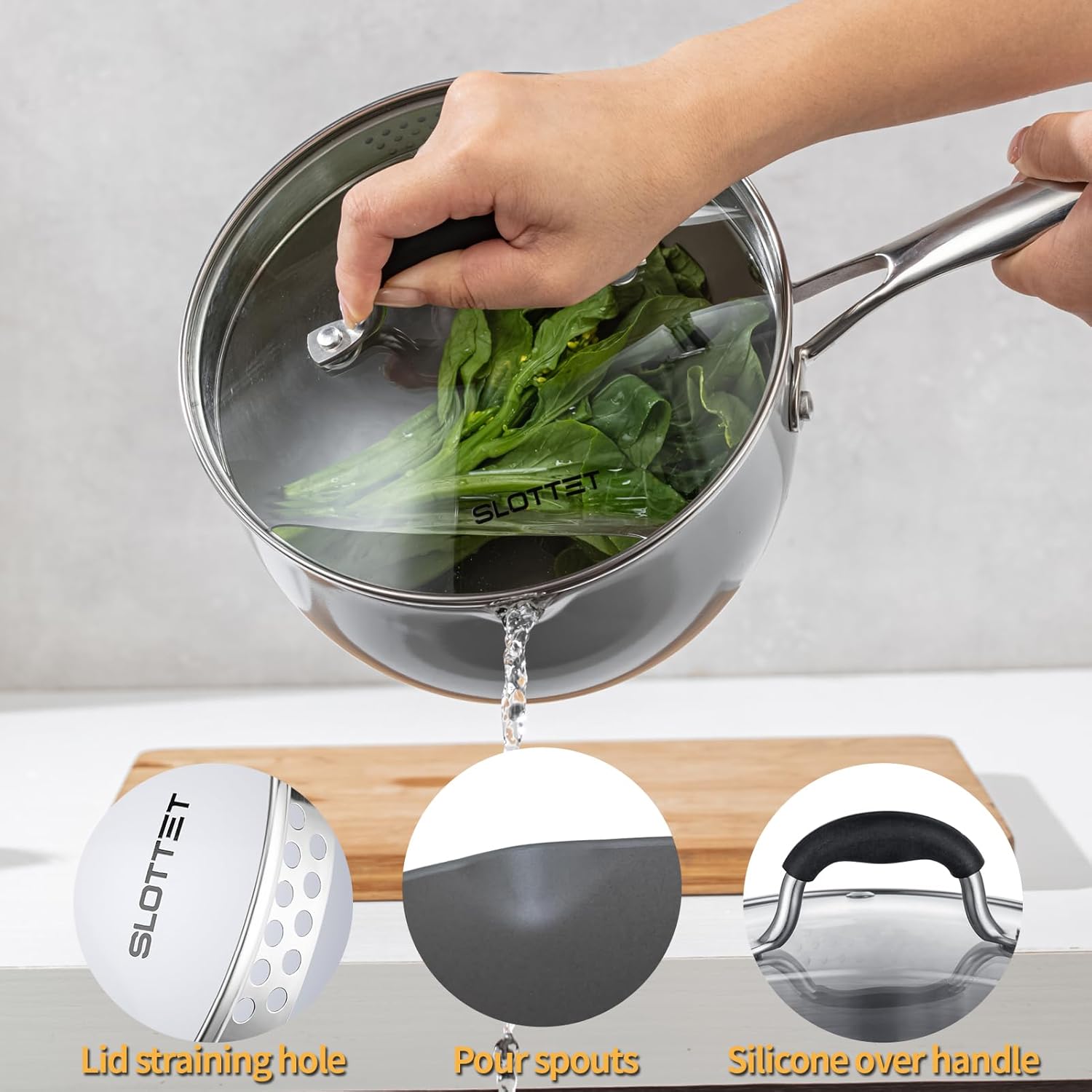 Ceramic Nonstick Tri-Ply Stainless Steel Sauce Pan with Steamer,2.5 Quart Small Multipurpose Pot with Pour Spout,Strainer Glass Lid, 2qt Saucepan for Cooking with Stay-cool Handle,Grey - Culinary Roots