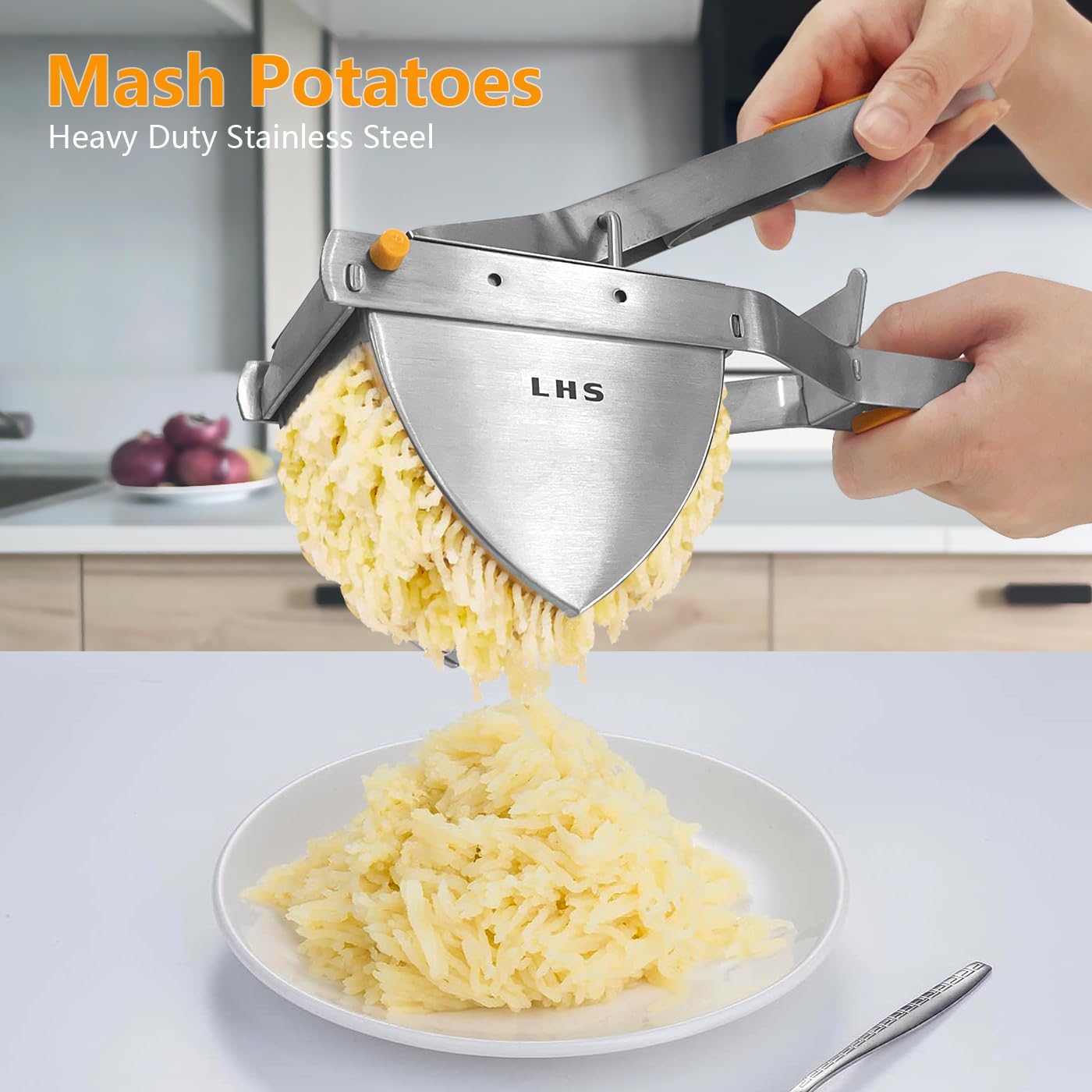 LHS Stainless Steel Potato Ricer and Masher, Heavy Duty Commercial Food Masher, Ergonomic Comfort Grip, Extra Large Capacity, Dishwasher Safe (Orange) - Culinary Roots
