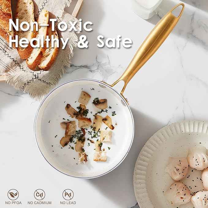 Ceramic Cookware Set, VONIKI 16 Pcs Pots and Pans Set Non Stick, Kitchen Cookware Sets with Cooking Utensils Set, Non Toxic Cookware Set White Gold Pan Set for Cooking Pot Oven & Dishwasher Safe, Gift