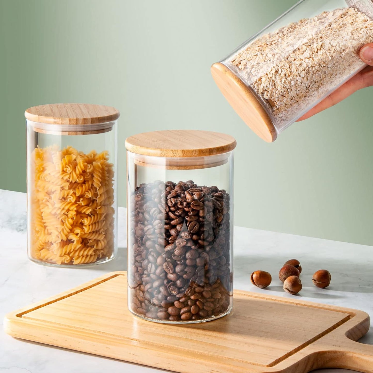 32 FL Oz Glass Jars with Bamboo Lid Set, 4Pack UPGRADE Thick Glass Pantry Storage Canisters Kitchen Clear Food Containers, for Dry Foods Nut Meal Prep Coffee Bean Candy Sugar Cookie Cereal