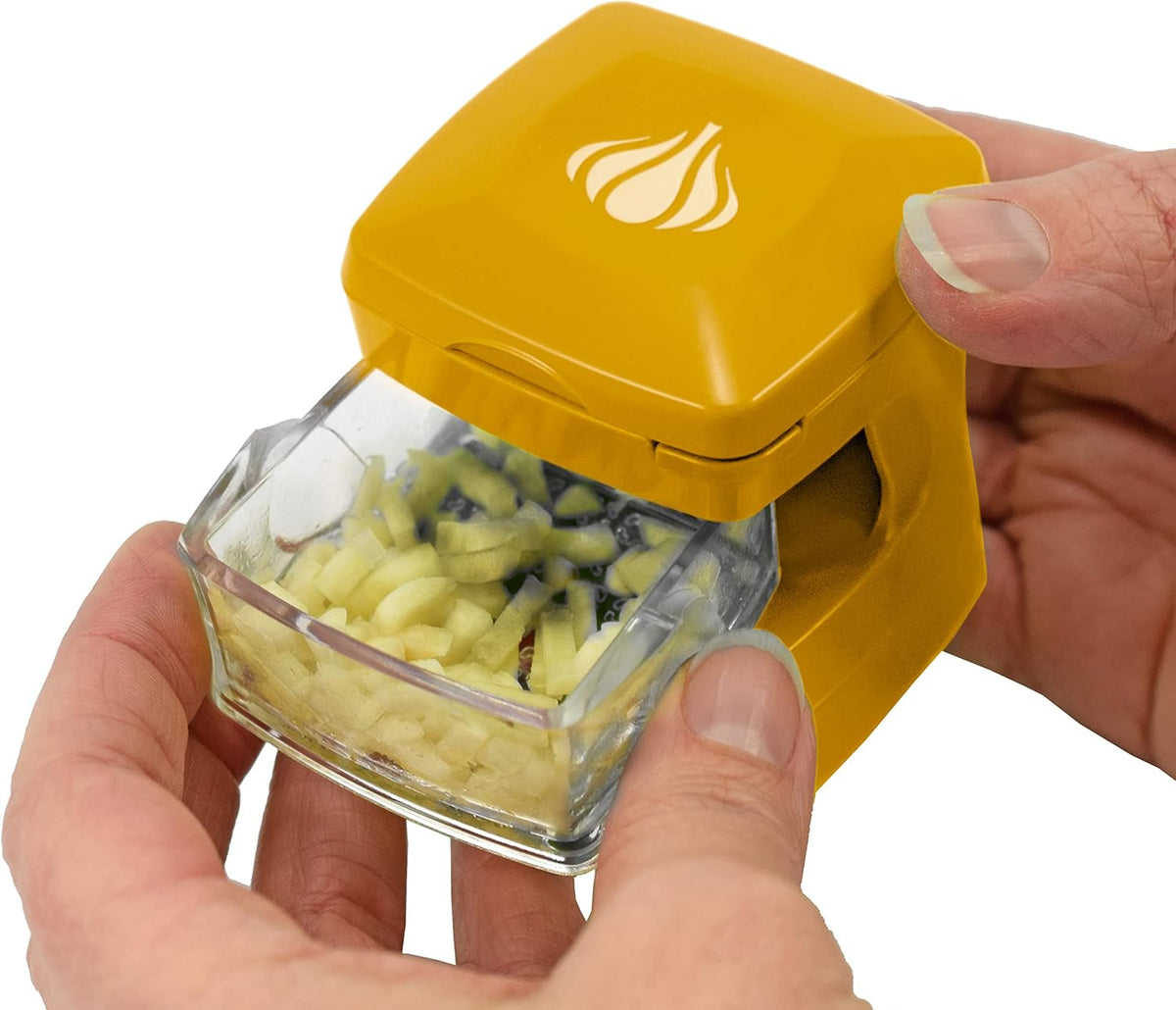 Garlic-A-Peel Garlic Press, Crusher, Cutter, Mincer, and Storage Container - Includes Silicone Garlic Peeler - Easy to Clean - Stainless Steel Blades – (Honey), standard - Culinary Roots