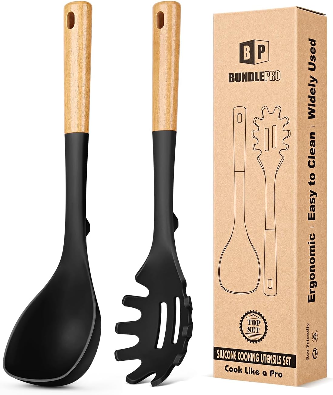 Silicone Soup Ladle and Spaghetti Spoon Set with Wooden Handle, Non Stick Heat Resistant Kitchen Utensils for Cooking, Stirring, Serving Pasta, Soup & Sauce(BLACK) - Culinary Roots