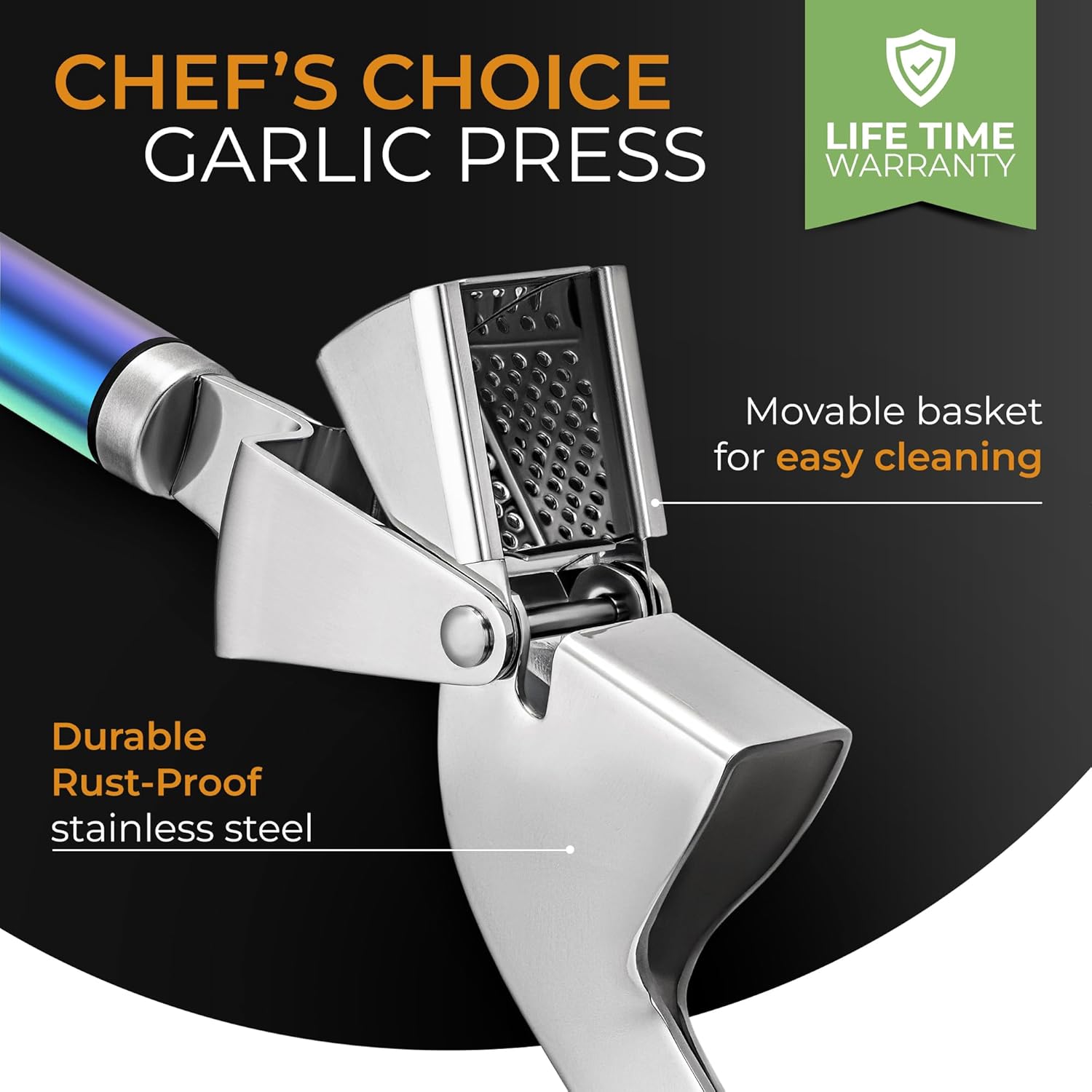 ORBLUE Garlic Press Stainless Steel - Premium Professional Grade Garlic Mincer, Crusher & Peeler Set - Easy Clean, Dishwasher Safe & Rust-proof, Multi-colored - Culinary Roots