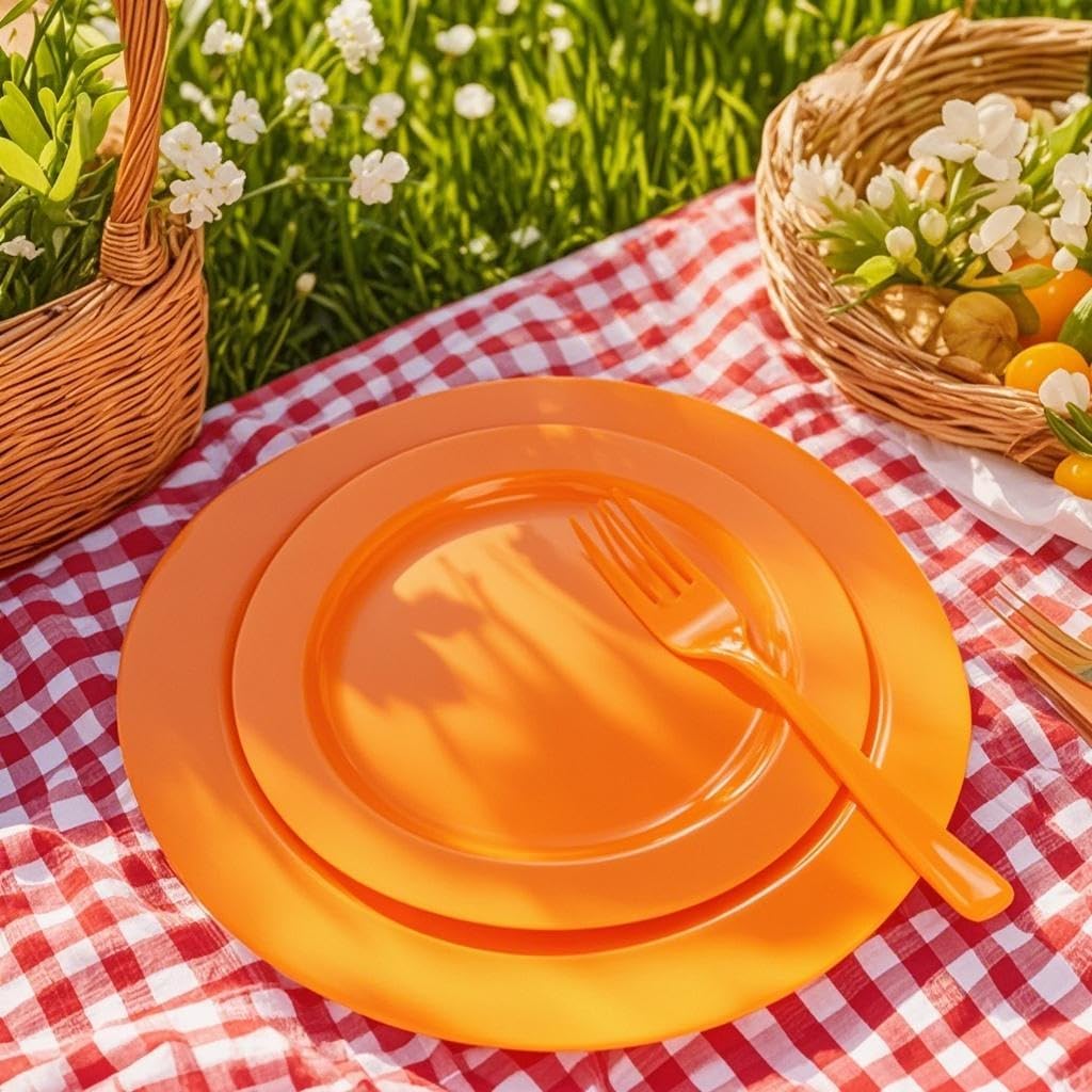 FLOWERCAT 60PCS Orange Plates - Heavy Duty Orange Plastic Plates Disposable for Halloween & Thanksgiving Party - Serve 30 Guests 10.25inch and 7.5inch - Culinary Roots