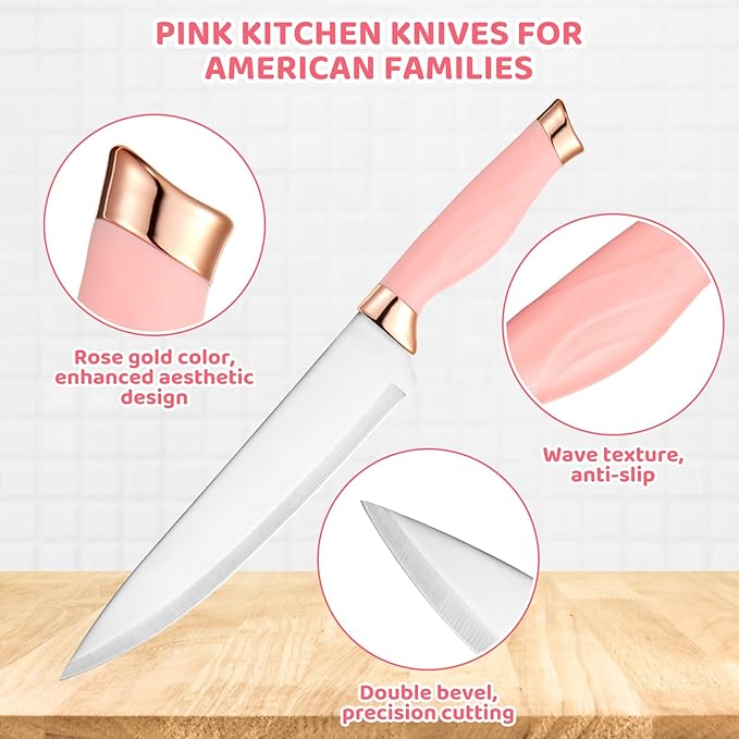 37 PCS Kitchen Utensils Set, Silicone Cooking Utensils Set with Knife Set and Holder, Wooden Handle Kitchen Tool Set (Pink)