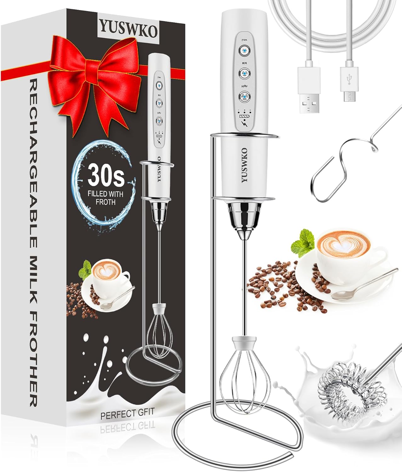 YUSWKO Milk Frother Handheld for Coffee with Stand, Rechargeable Drink Mixer with 3 Heads 3 Speeds Electric Coffee Frother Whisk, Gift for Many Occasions and Festival - Culinary Roots
