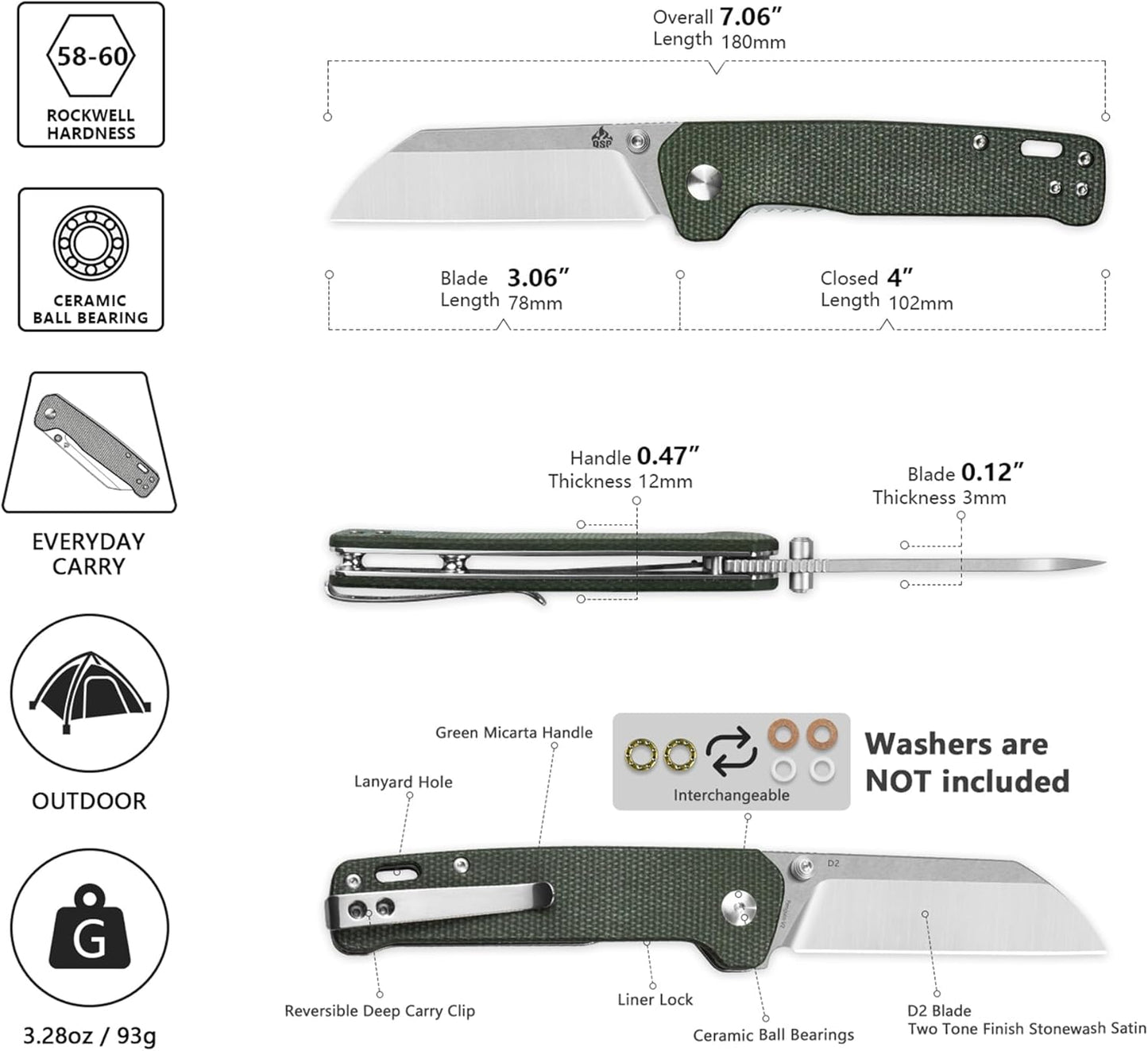 QSP Penguin V2 Folding Pocket Knife, 3.06" D2 Two Tone Finish Stonewash Satin Blade EDC Knife, Green Micarta Handle, Liner Lock, Ceramic Ball Bearings, Reversible SS Deep Carry Clip