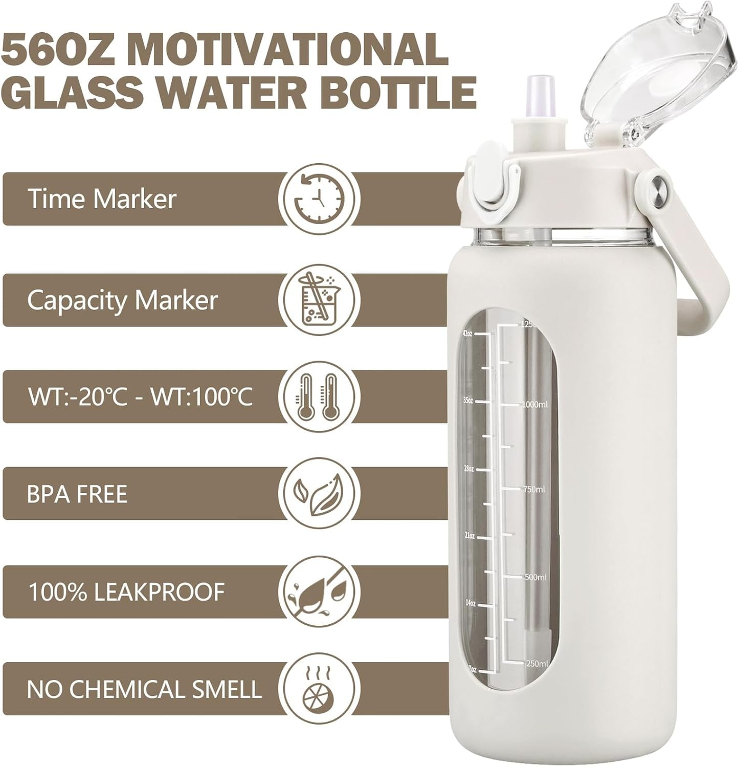 kytffu 56oz Glass Water Bottles with Straw, Motivational Glass Bottle with Silicone Sleeve and Time Marker, Leakproof Large Glass Water Jug for Gym Home Office,White