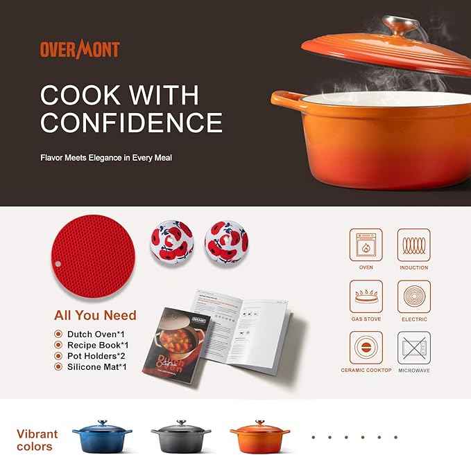 Overmont Enameled Cast Iron Dutch Oven - 5.5QT Pot with Lid Cookbook & Cotton Potholders - Heavy-Duty Cookware for Braising, Stews, Roasting, Bread Baking Orange