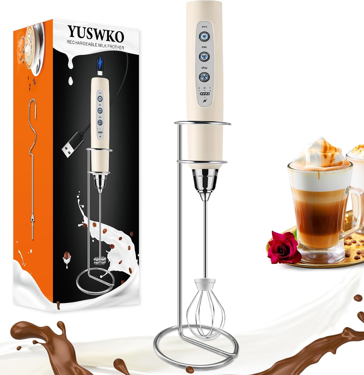 YUSWKO Beige Handheld Milk Frother Wand with Stand for Coffee, Rechargeable Electric Whisk with 3 Heads 3 Speeds Drink Mixer Coffee Frother For Latte, Cappuccino, Hot Chocolate, Egg - Culinary Roots