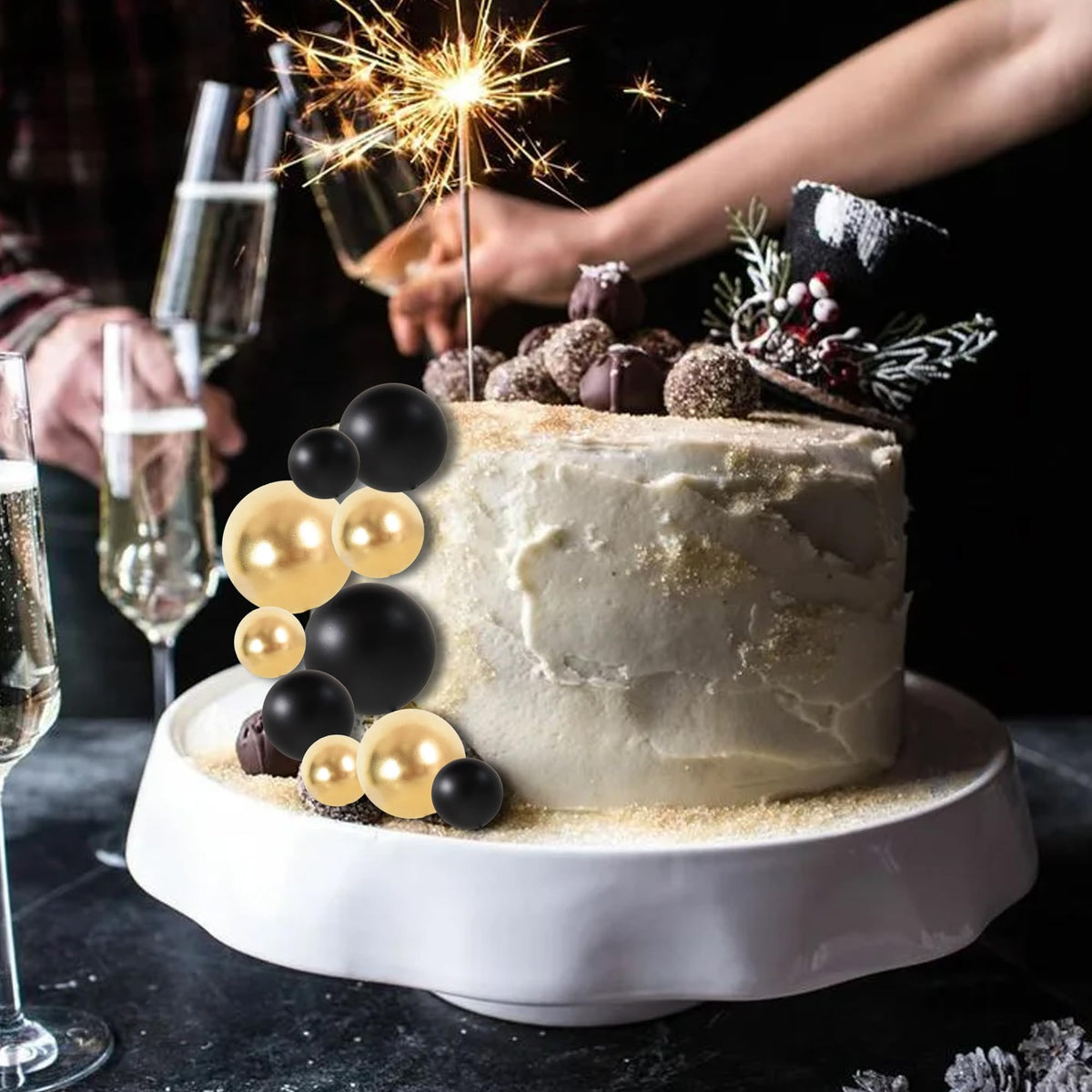 40 Pcs Ball Cake Toppers Mini Balls Cake Decorations Black Gold Foam Balls Sticks DIY Cake Topper for Congrats Grade 2026 Graduation Men Birthday New Year Retirement Party Decorations (40 Count)