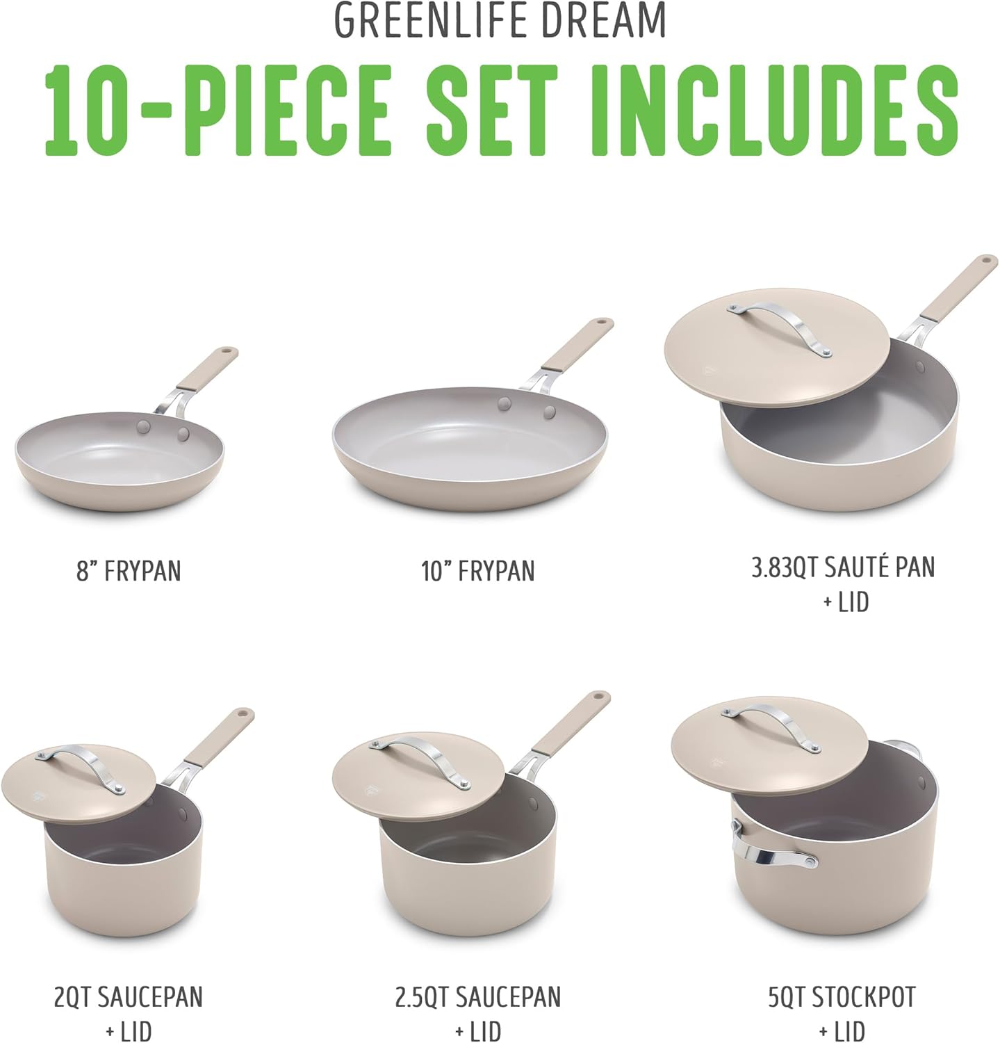 GreenLife 10-Piece Nonstick Ceramic Cookware Set, Lightweight Healthy PFAS-Free Pots & Pans with Lids, Dishwasher & Oven Safe, Durable Body, Silicone Stay-Cool Handles, Easy Release, Taupe - Culinary Roots