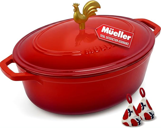 MUELLER HOME 5.5 Quart Enameled Cast Iron Oval Dutch Oven w Rooster Knob & Cotton Potholders, Heavy-Duty Cookware, Oven-Safe up to 500° F & Across All Cooktops, Gifts for Grandma & Women, Red