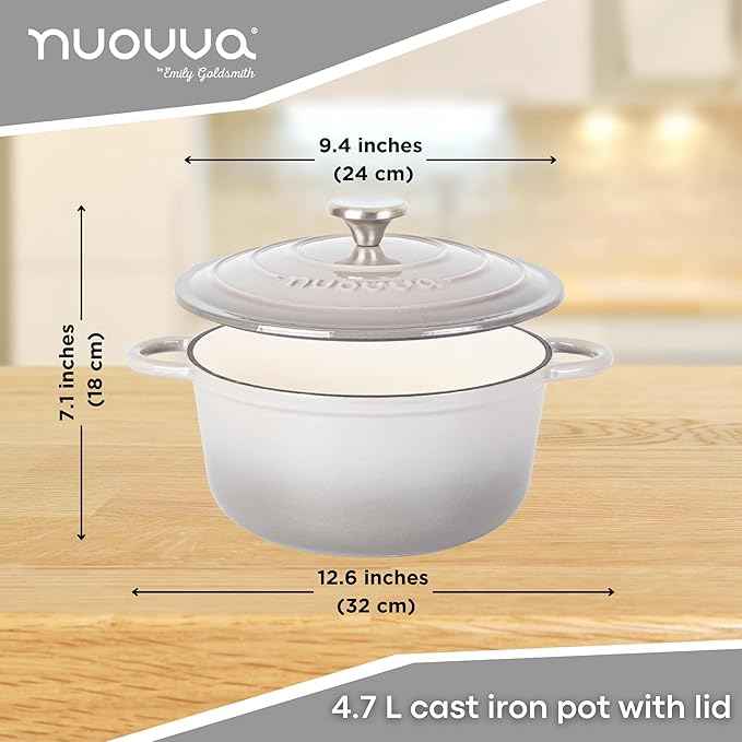 Cast Iron Pot with Lid – Non-Stick Ovenproof Enamelled Casserole Pot, Oven Safe up to 500° F – Sturdy Dutch Oven Cookware – Grey, 5-Quart, 24cm – by Nuovva