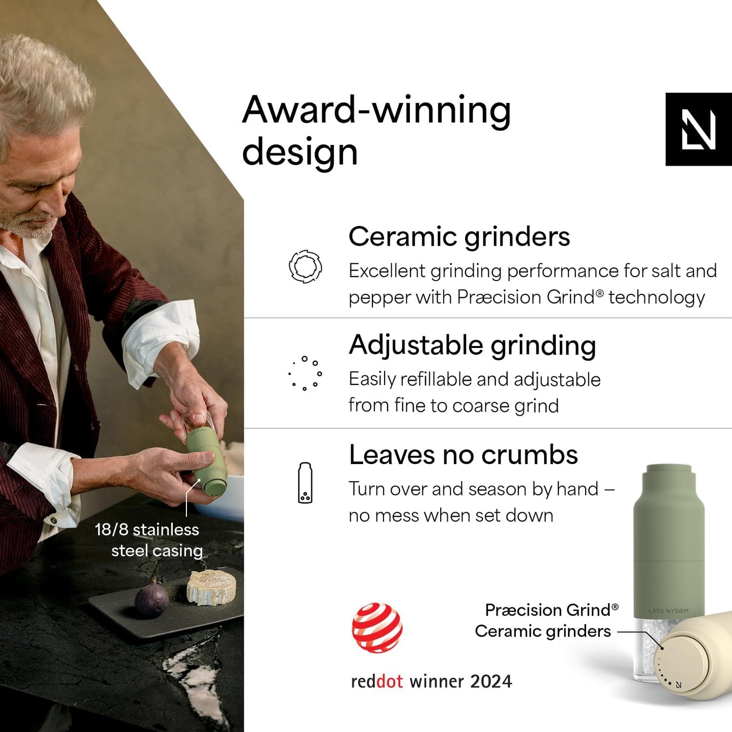 LARS NYSØM Salt and Pepper Grinder Set, Stainless Steel Manual Salt and Pepper Mills, Adjustable Ceramic Grinder, Design Spice Shakers (Green/Beige)