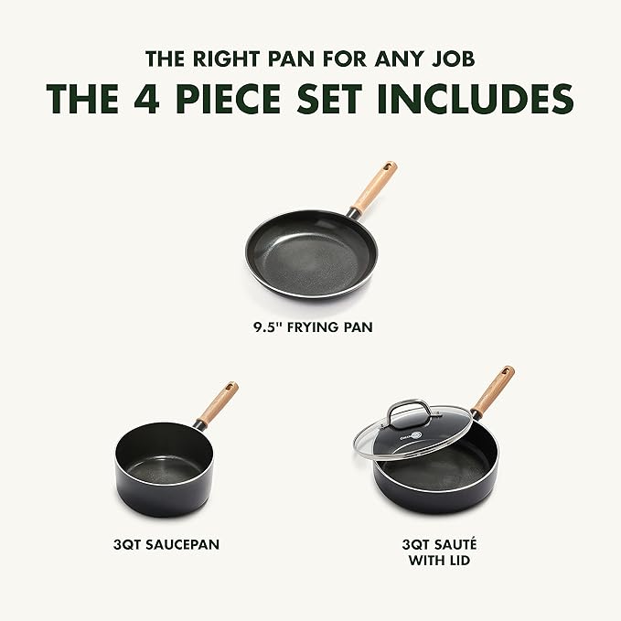 GreenPan Hudson Healthy Ceramic Nonstick, 4 Piece Cookware Pots and Pans Set, Vintage Wood Inspired Handle, PFAS-Free, Dishwasher Safe, Black