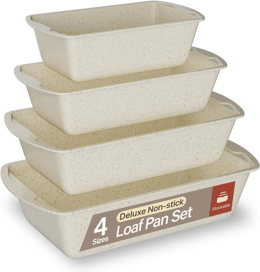 Nonstick Loaf Pan Set Pack of 4, 7" to 11" Large Baking Bread Pan, Oven Safe Up to 450°F, PFOA, PFOS, PTFE Free, Space Saving Stackable Design, Stain Resistant, Dishwasher Friendly, White Marble - Culinary Roots